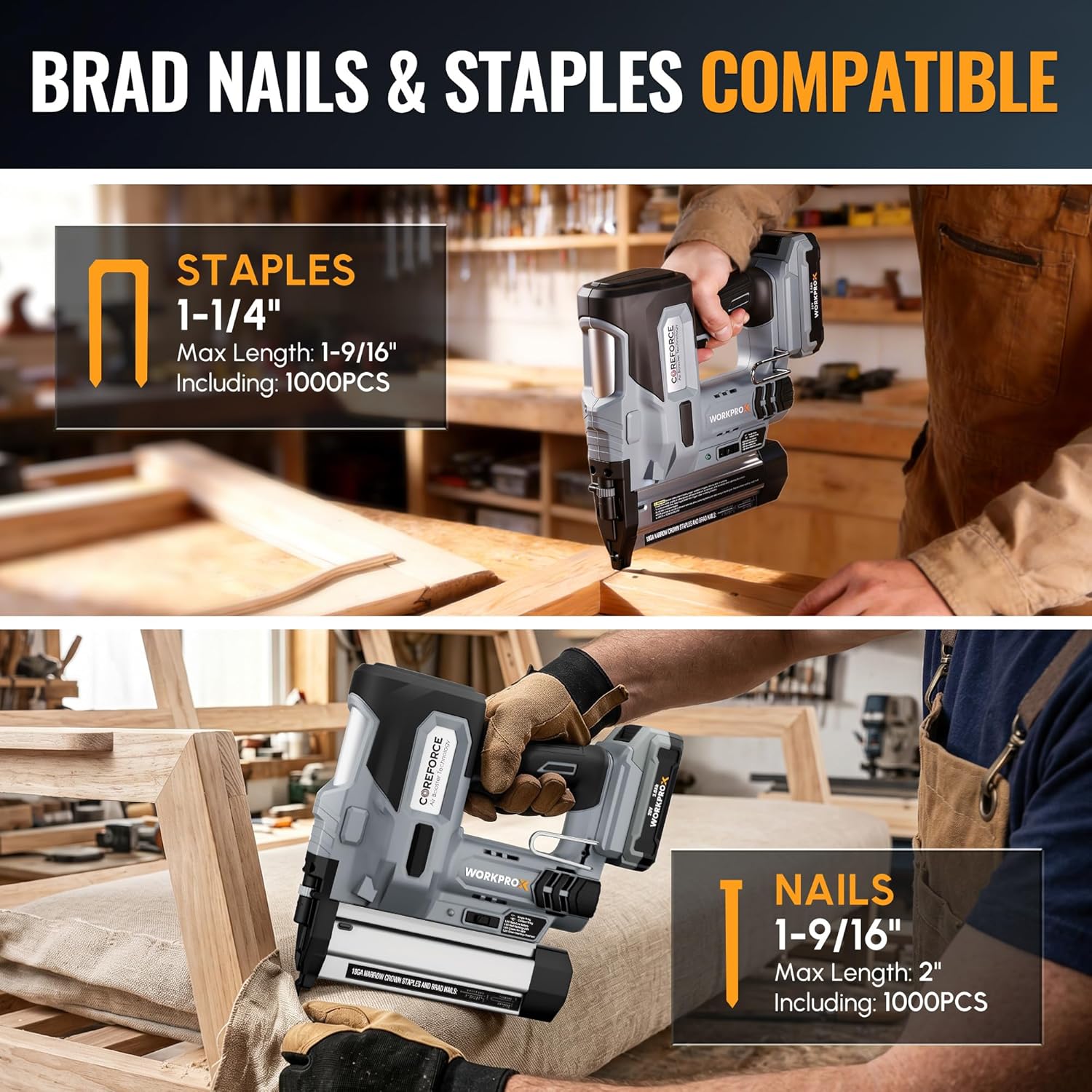 WORKPROX 20V Cordless Brad Nailer Kit, 18 Gauge 2-in-1 Nail & Staple Gun with 2.0Ah Rechargeable Battery, 1000 Staples & 1000 Nails, for Woodworking, Upholstery, DIY Projects & Home Improvement - Image 3