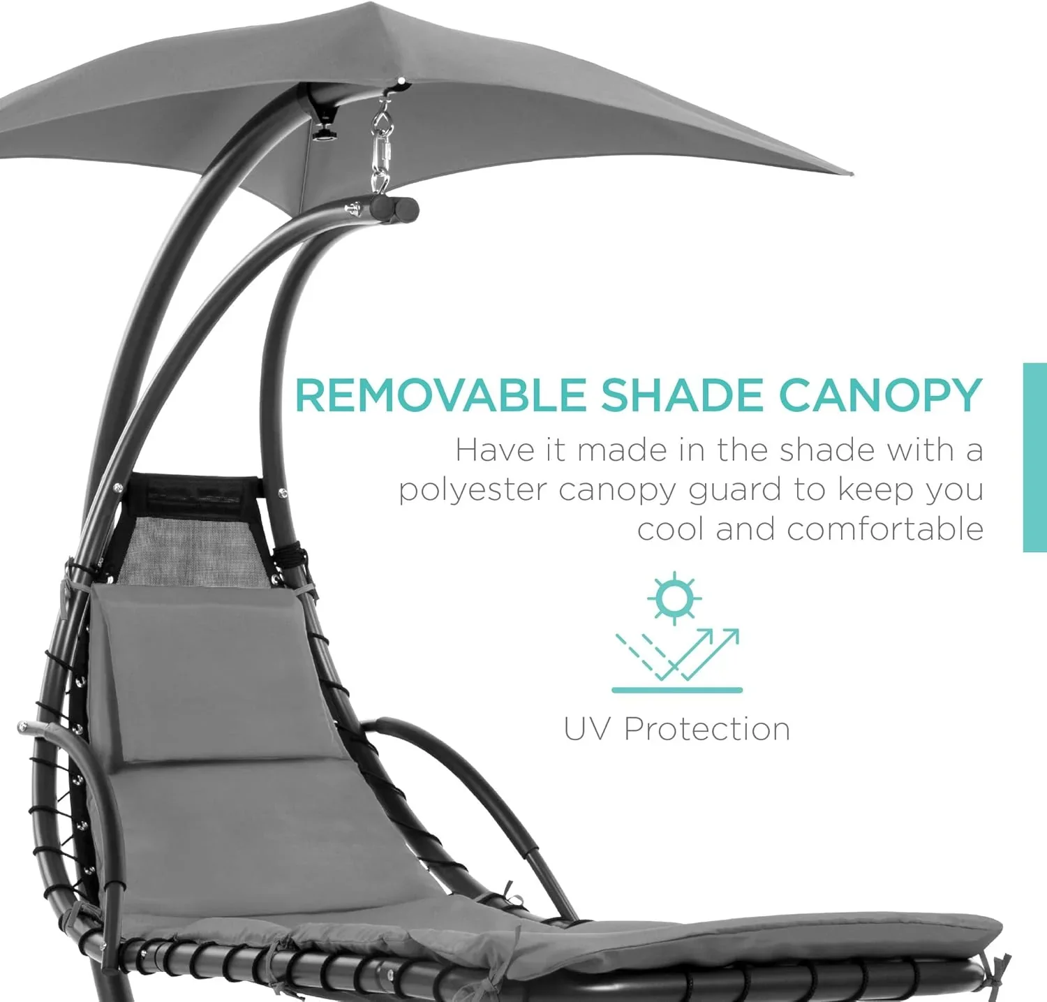 Best Choice Products Outdoor Hanging Curved Steel Chaise Lounge Chair Swing w/Built-in Pillow and Removable Canopy - Charcoal Gray - Image 53