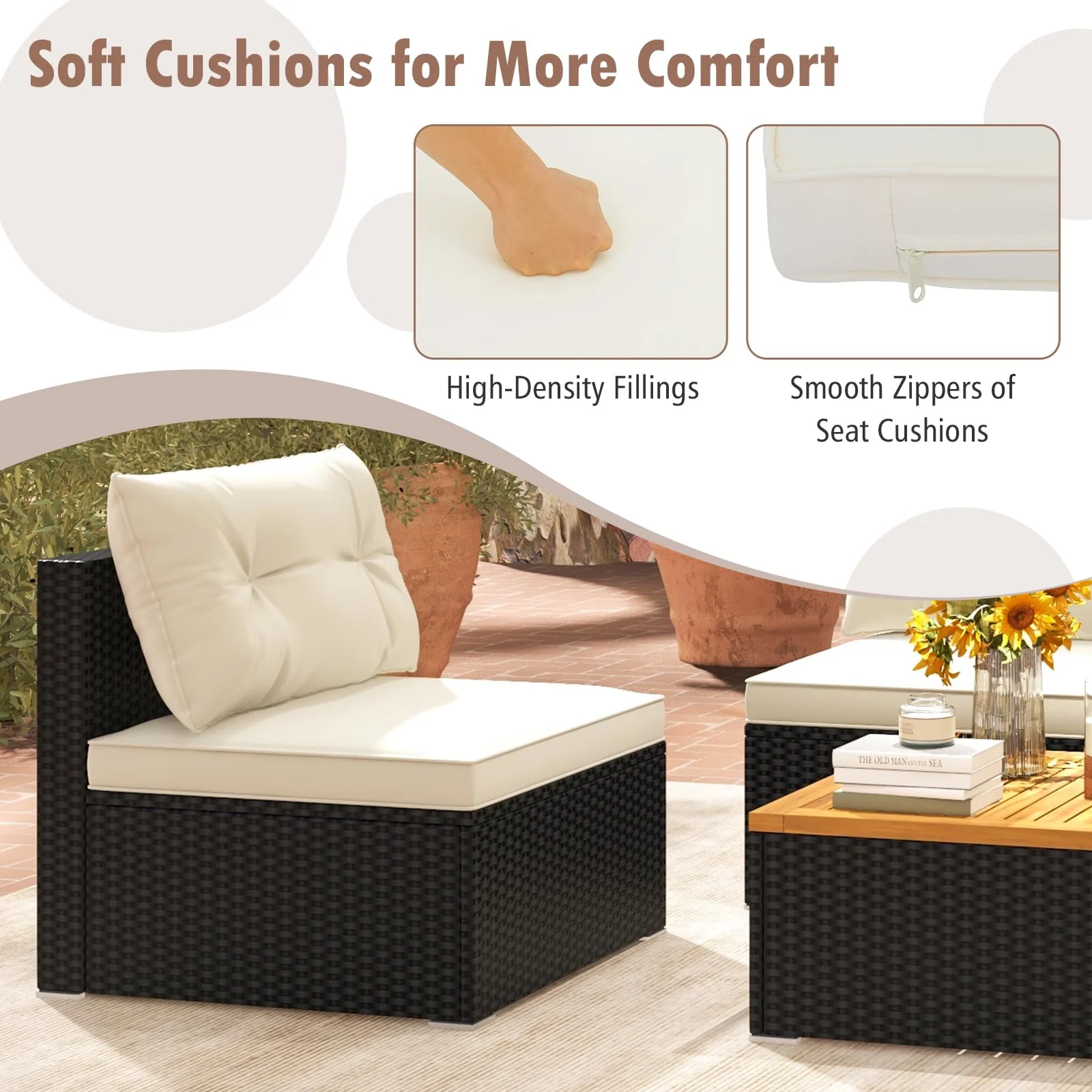 Tangkula 5 Piece Rattan Sofa Set, Patiojoy Outdoor Wicker Furniture Set with Seat & Back Cushions - Image 6
