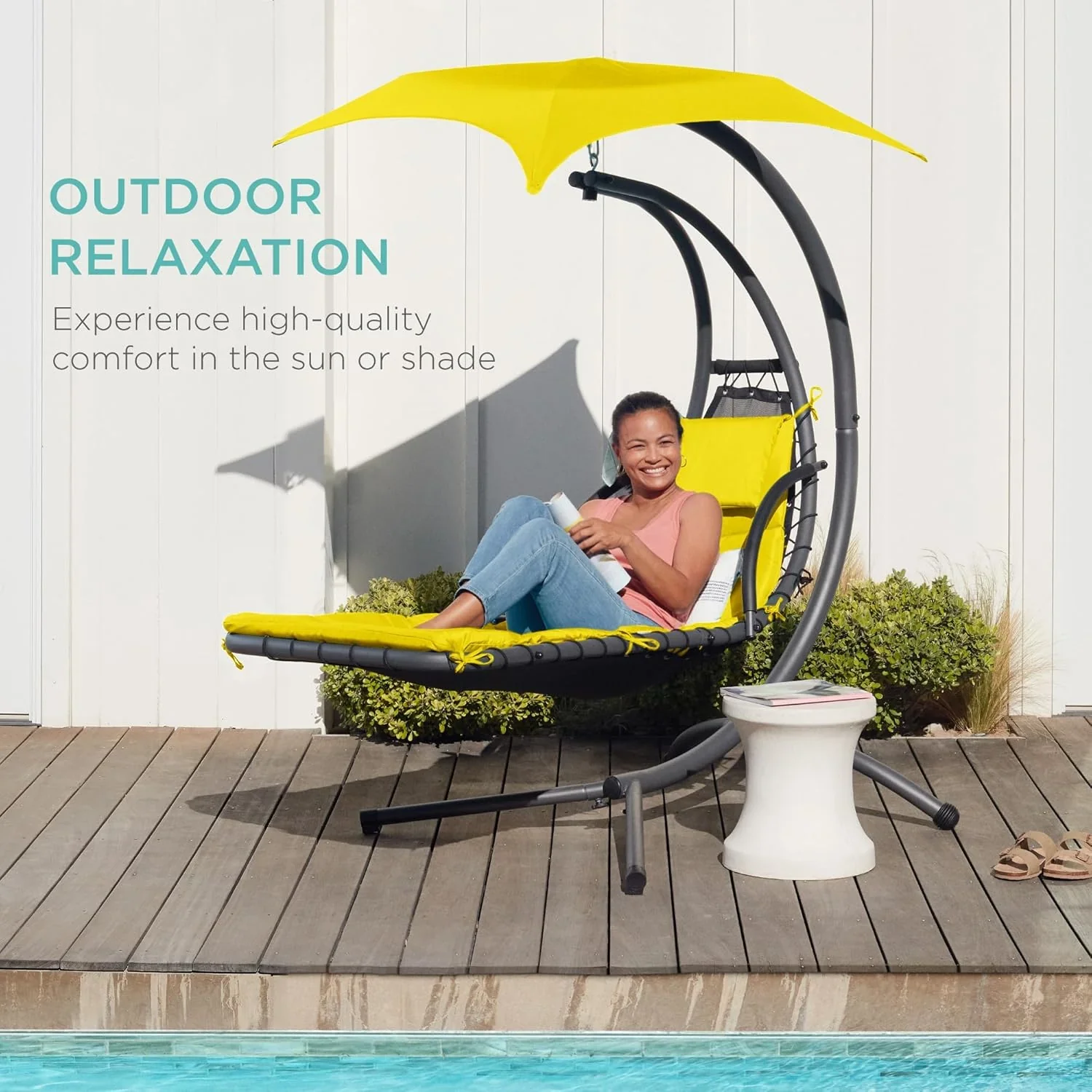 Best Choice Products Outdoor Hanging Curved Steel Chaise Lounge Chair Swing w/Built-in Pillow and Removable Canopy - Charcoal Gray - Image 82