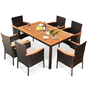 Tangkula 7 Pieces Patio Rattan Dining Set, Outdoor Conversation Set
