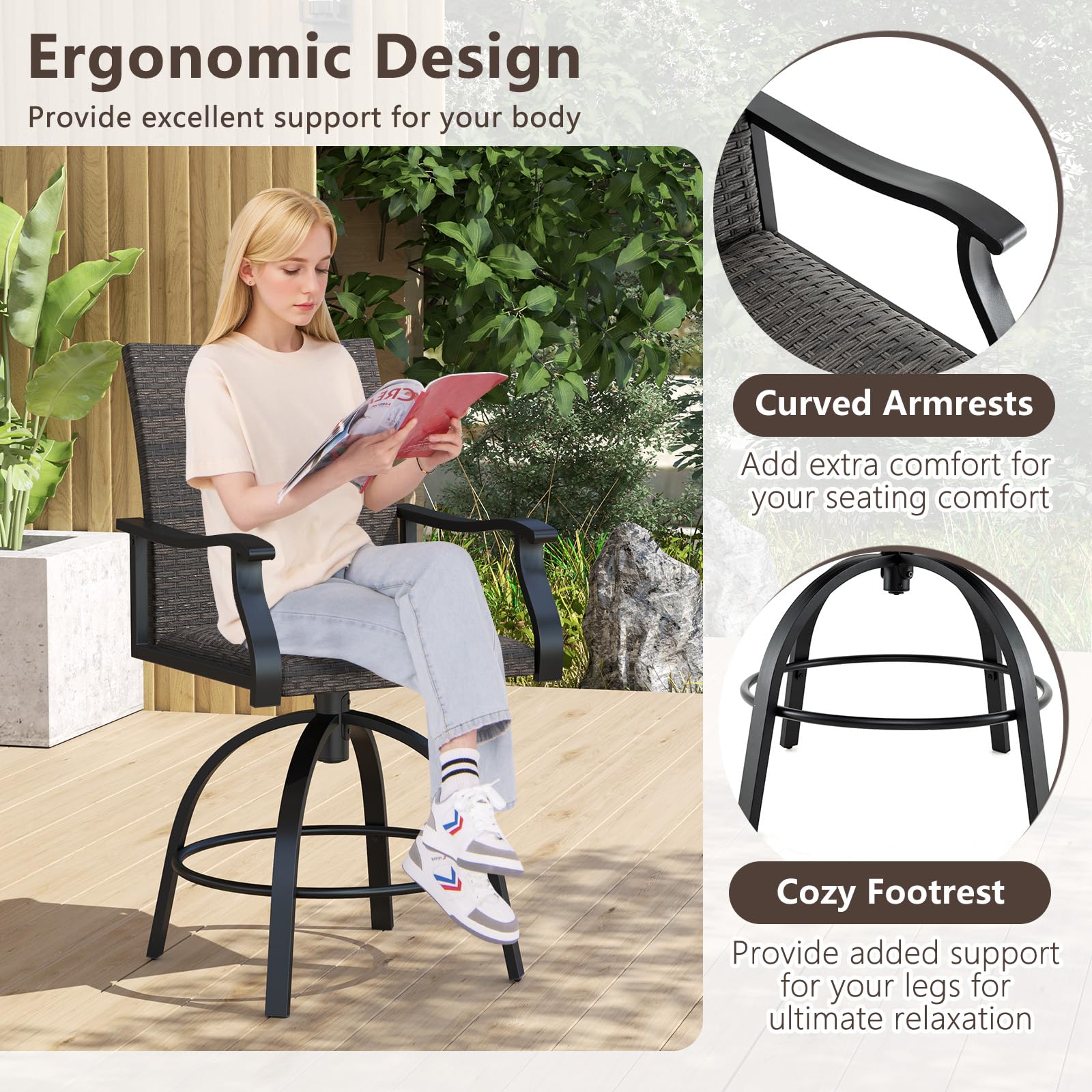 Tangkula 3 Pieces Wicker Patio Swivel Bar Set - Image 4
