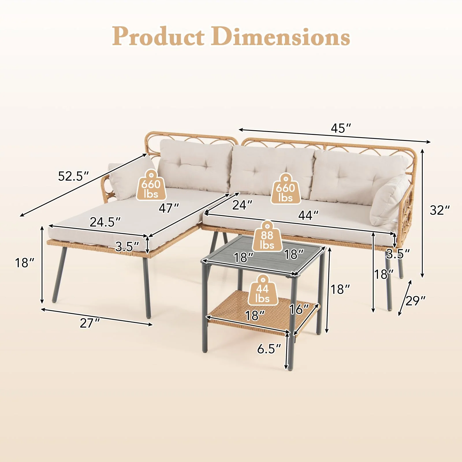 Tangkula 3 Pieces Corner Patio Furniture Set, PE Rattan L-Shaped Cushioned Sofa Set with Small Coffee Table - Image 7