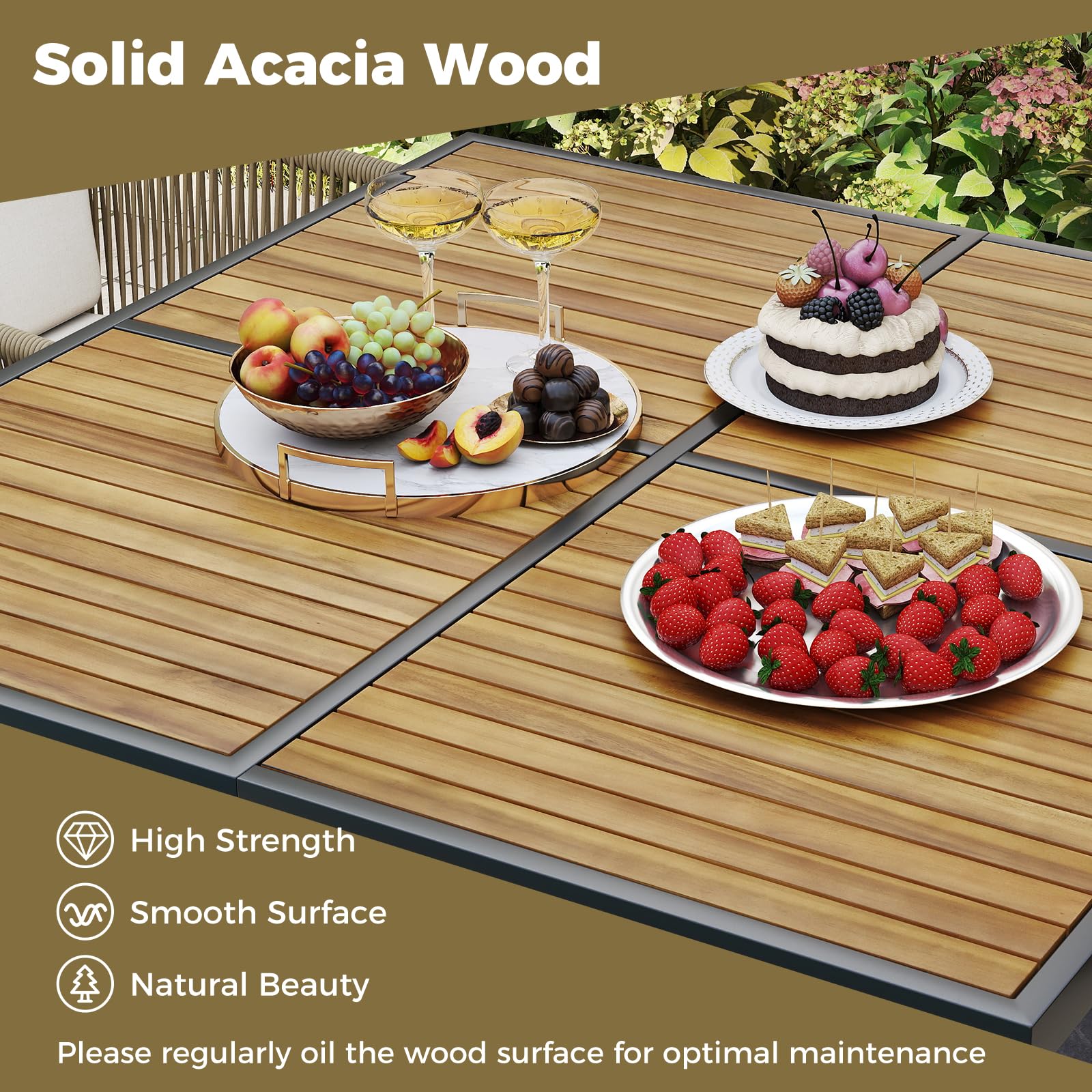 Tangkula Outdoor Rectangular Table and Chairs with Acacia Wood Tabletop - Image 3
