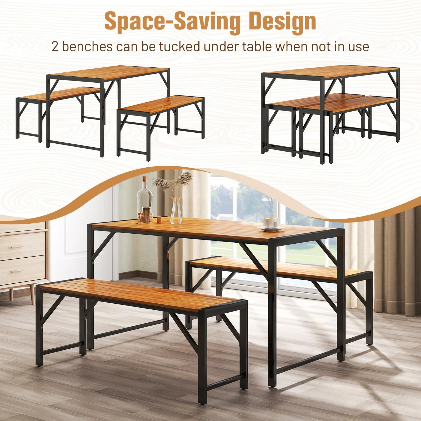 Tangkula 3 Pieces Patio Dining Set for 6 People, Outdoor Picnic Table & 2 Benches, 53” Acacia Wood Dining Table - Image 7