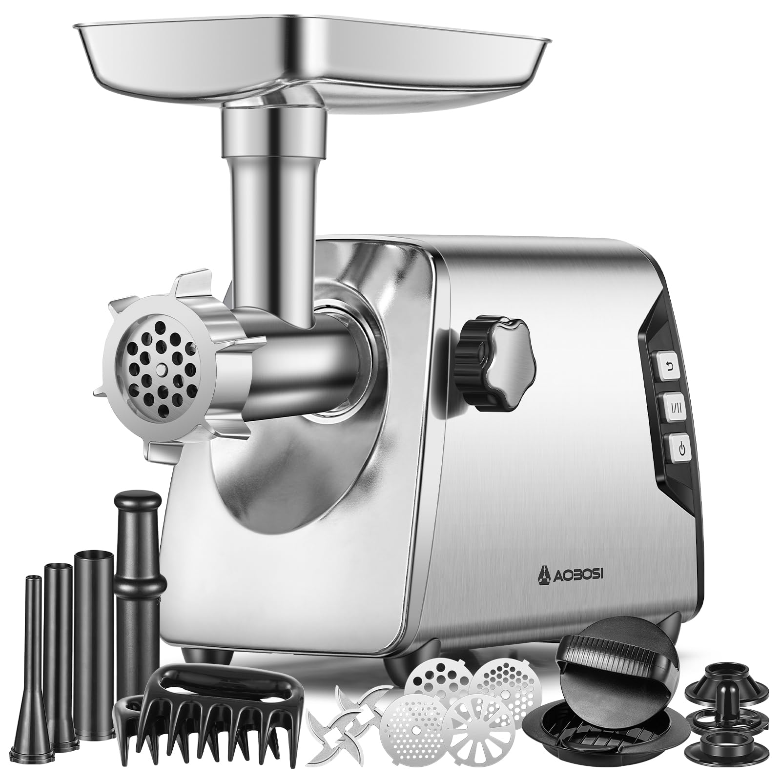 AAOBOSI #12 Heavy Duty Meat Grinder, 7 LB/Min, for Deer & Home Use 5-in-1, Heavy-Duty Stainless Steel, 3000W Max, Reverse Function, Metal Gear High Torque, 3 Speed, Built-in Storage