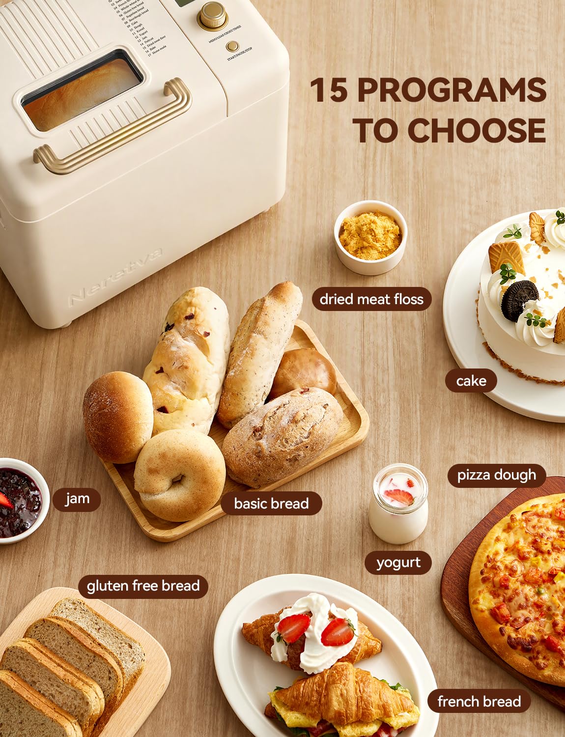 Neretva 2.2LB 15-in-1 Bread Machine with Dual Heater and Auto Nut Dispenser Nonstick Ceramic Pan Bread Maker Machine, Low Noise Breadmaker, 15H Timer & 1H Keep Warm Set for Gluten Free/Sourdough/Yogurt - Image 2