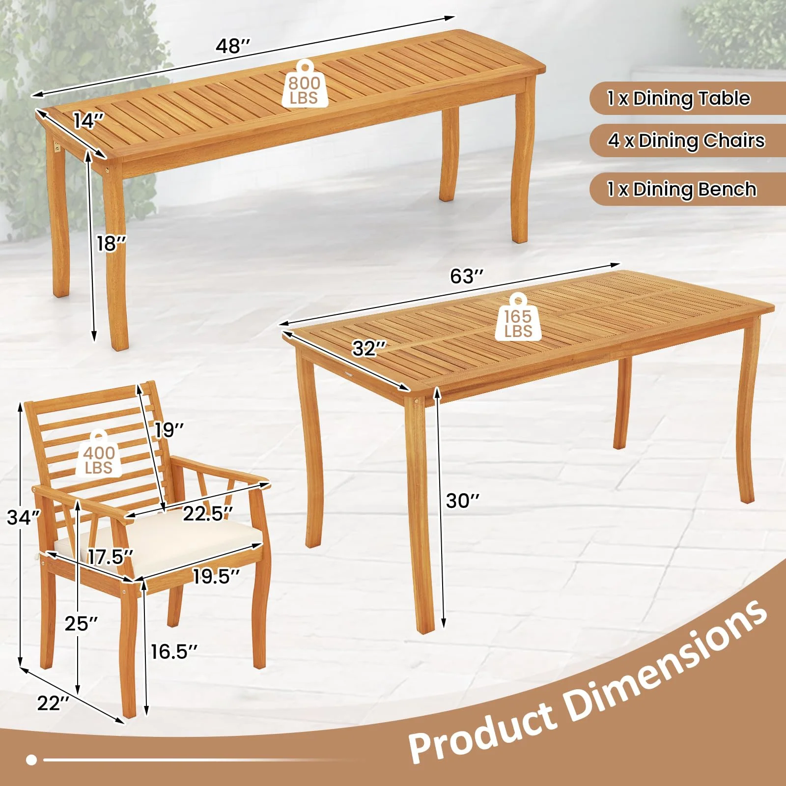 Tangkula 6 Pieces Acacia Wood Patio Dining Set with Bench - Image 9