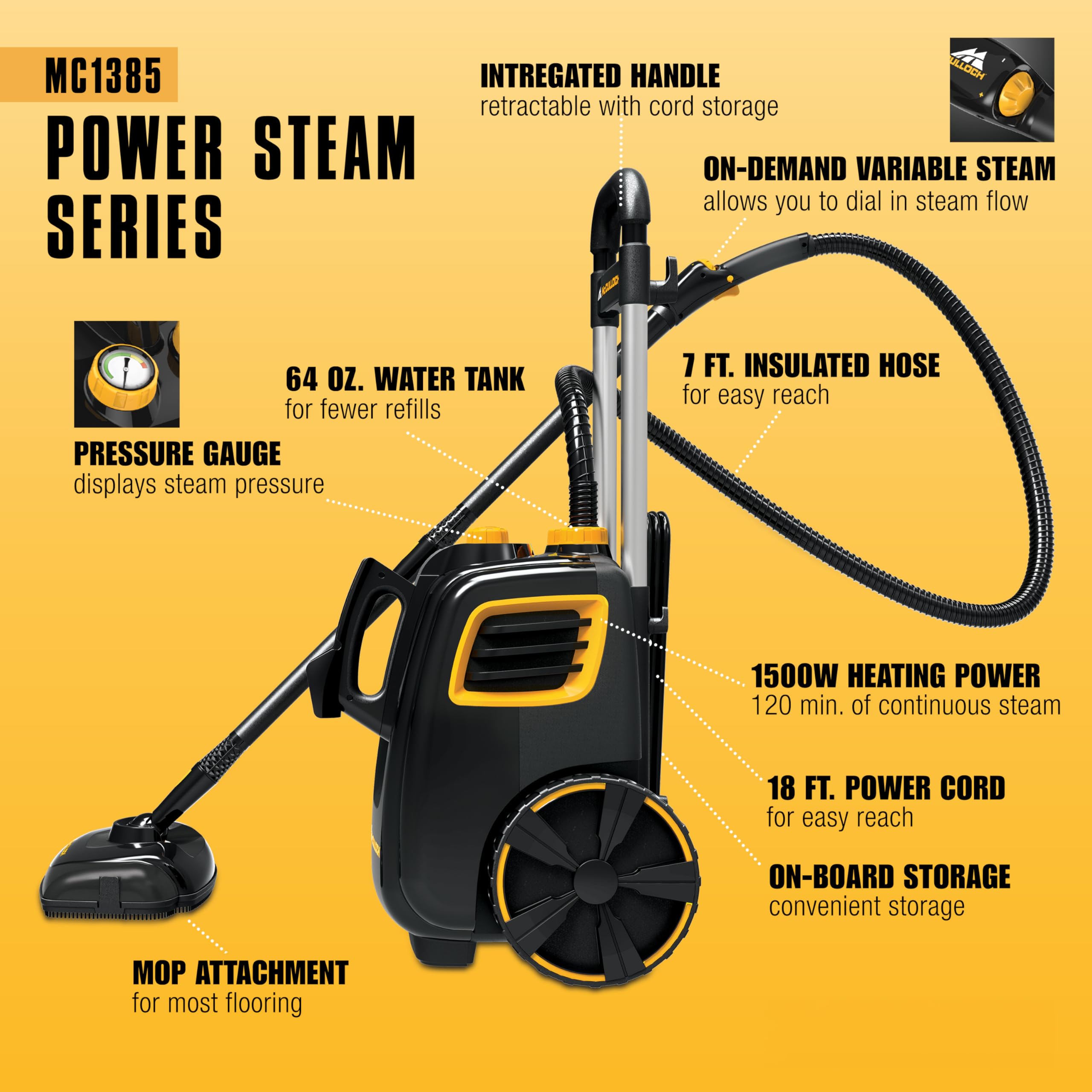 McCulloch MC1385 Canister Steam Cleaner, For Grout and Tile, 23 Accessories Mop Head, Brushes & More - Built for Home, Tile, Carpet, Furniture, & Personal Car Detailing - Image 4