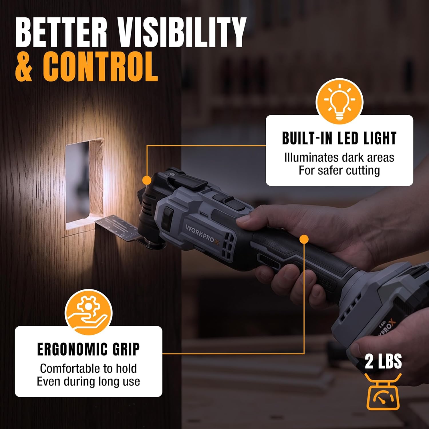 WORKPROX 20V Cordless Oscillating Multi-Tool Kit, Brushless Motor, 6-Speed, 3.6° Oscillation Angle, 22PCS Accessories & 1 Battery, Oscillating Tool for Cutting, Scraping, Sanding with Tool Bag - Image 6