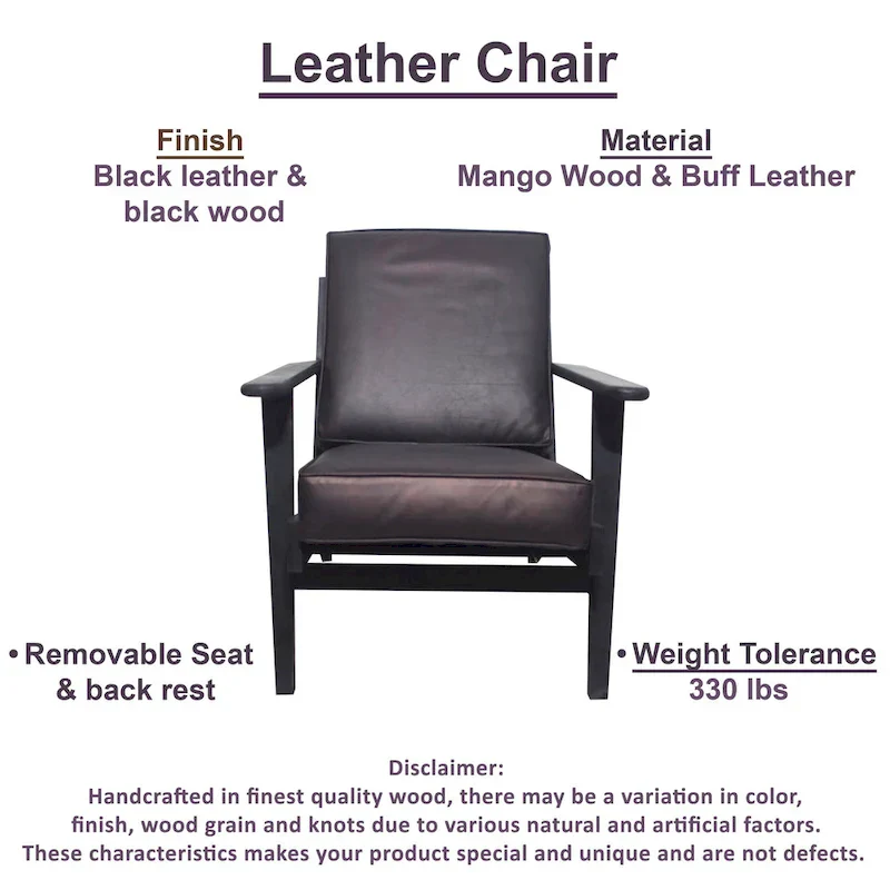 Handcrafted Amber Accent Chair with Slatted Mango Wood, Buffalo Leather Cushions, and Angled Legs - Image 15