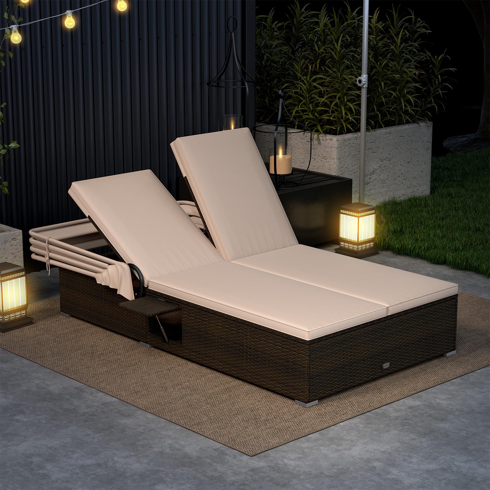 Tangkula Patio Double Chaise Lounge with Shade, Patiojoy 6-Level Adjustable Wicker Recliner Bed - Image 2