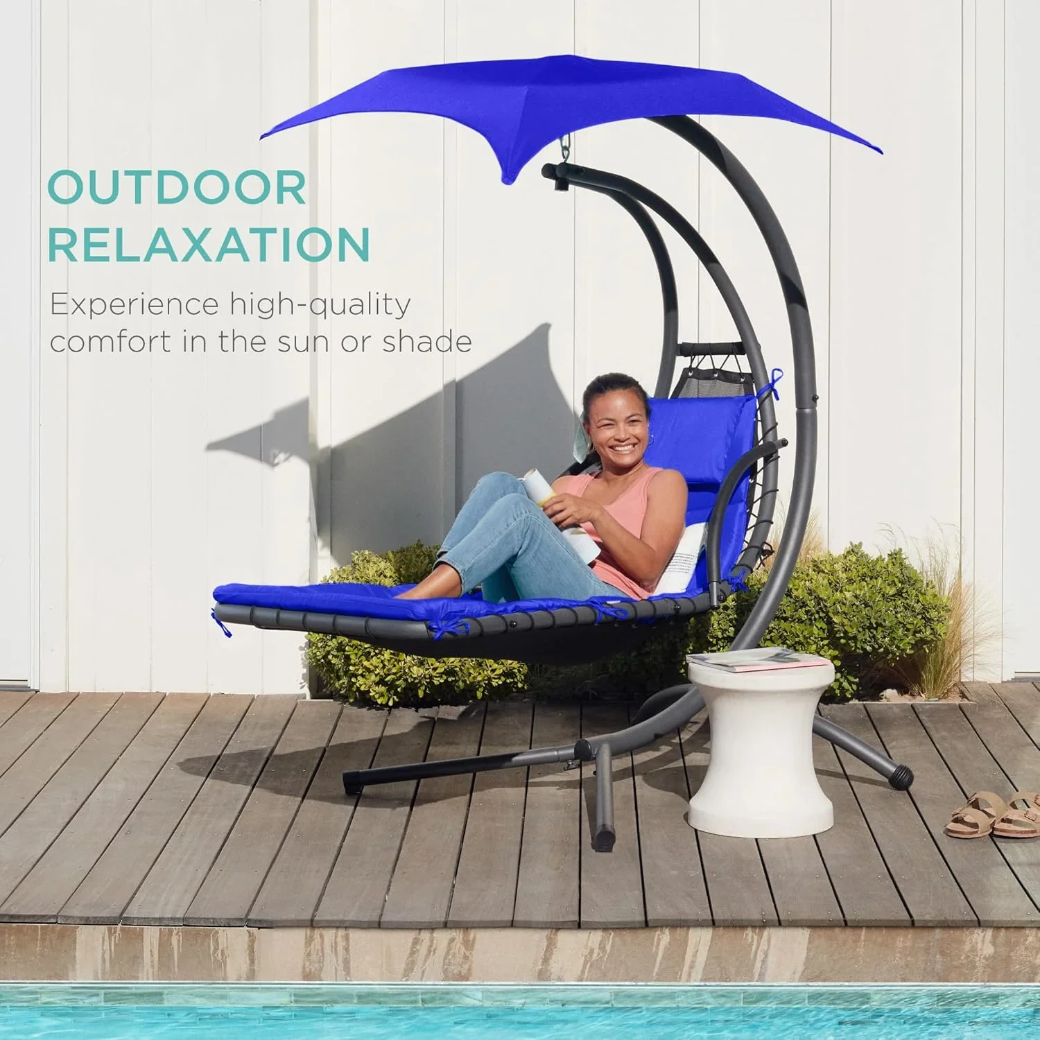 Best Choice Products Outdoor Hanging Curved Steel Chaise Lounge Chair Swing w/Built-in Pillow and Removable Canopy - Charcoal Gray - Image 37