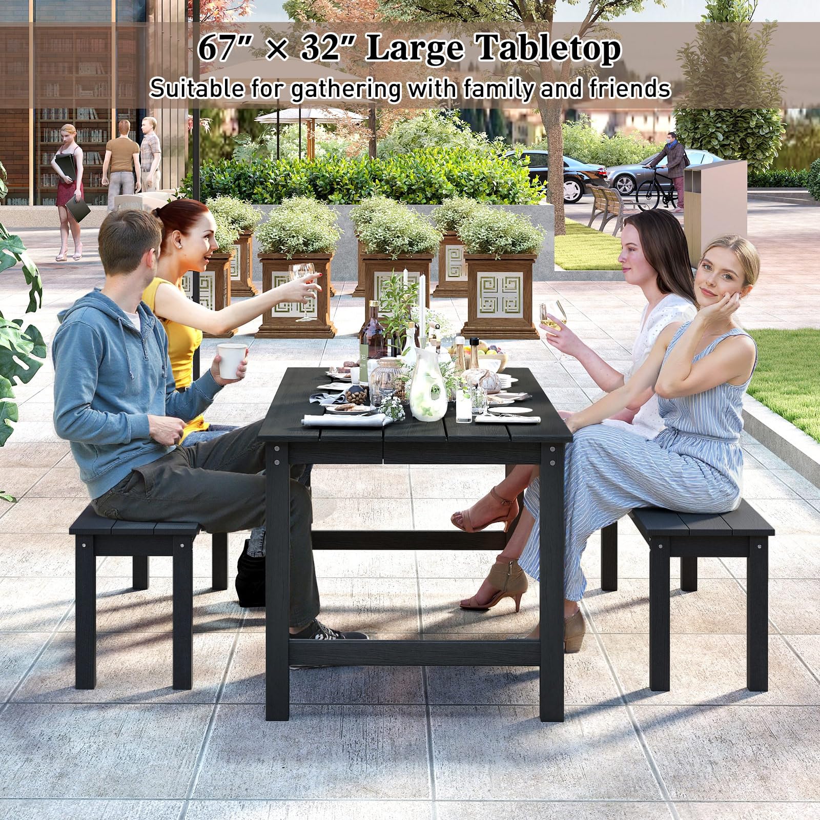 Tangkula 3 Pieces Outdoor HDPE Dining Table Set with 2 Benches - Image 5