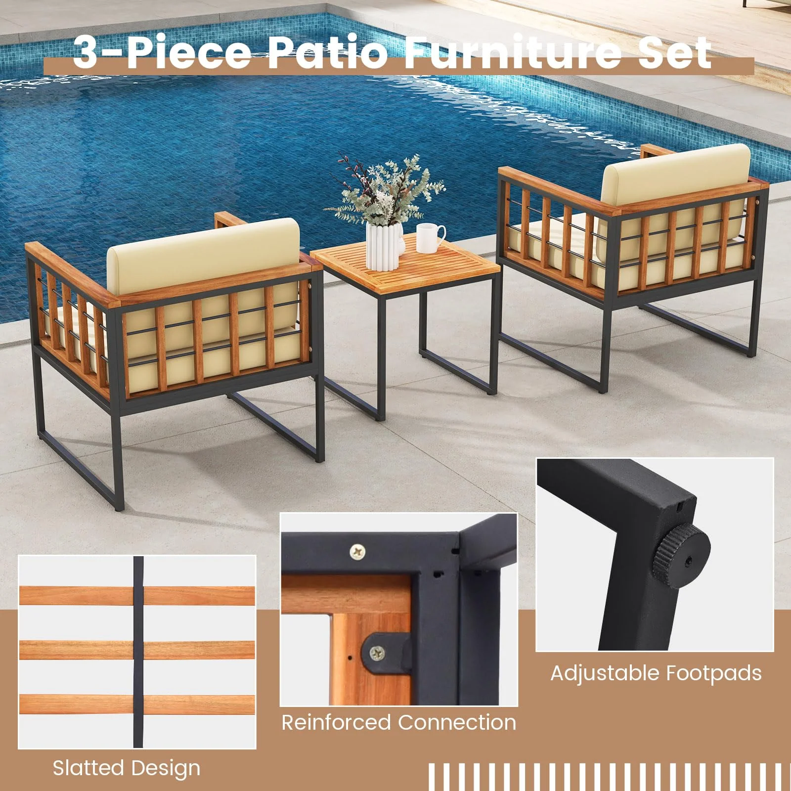 Tangkula 3 Pieces Patio Chair Set, Acacia Wood Outdoor Sofa Set with Metal Support - Image 8