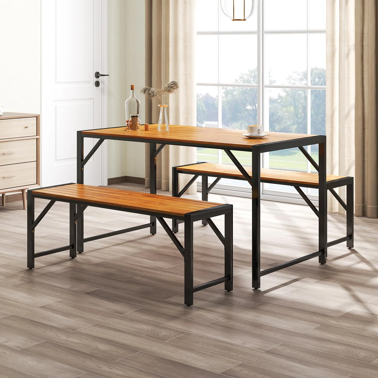 Tangkula 3 Pieces Patio Dining Set for 6 People, Outdoor Picnic Table & 2 Benches, 53” Acacia Wood Dining Table - Image 9