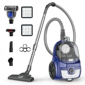 Aspiron Canister Vacuum, Upgraded 1600W Bagless Canister Vacuum Cleaner Auto Cord Rewind, H13 HEPA Filter, 4Qt Large Capacity, 5 Tools for Hard Floors, Carpet, Pet, Upholstery, Tiles, Azure