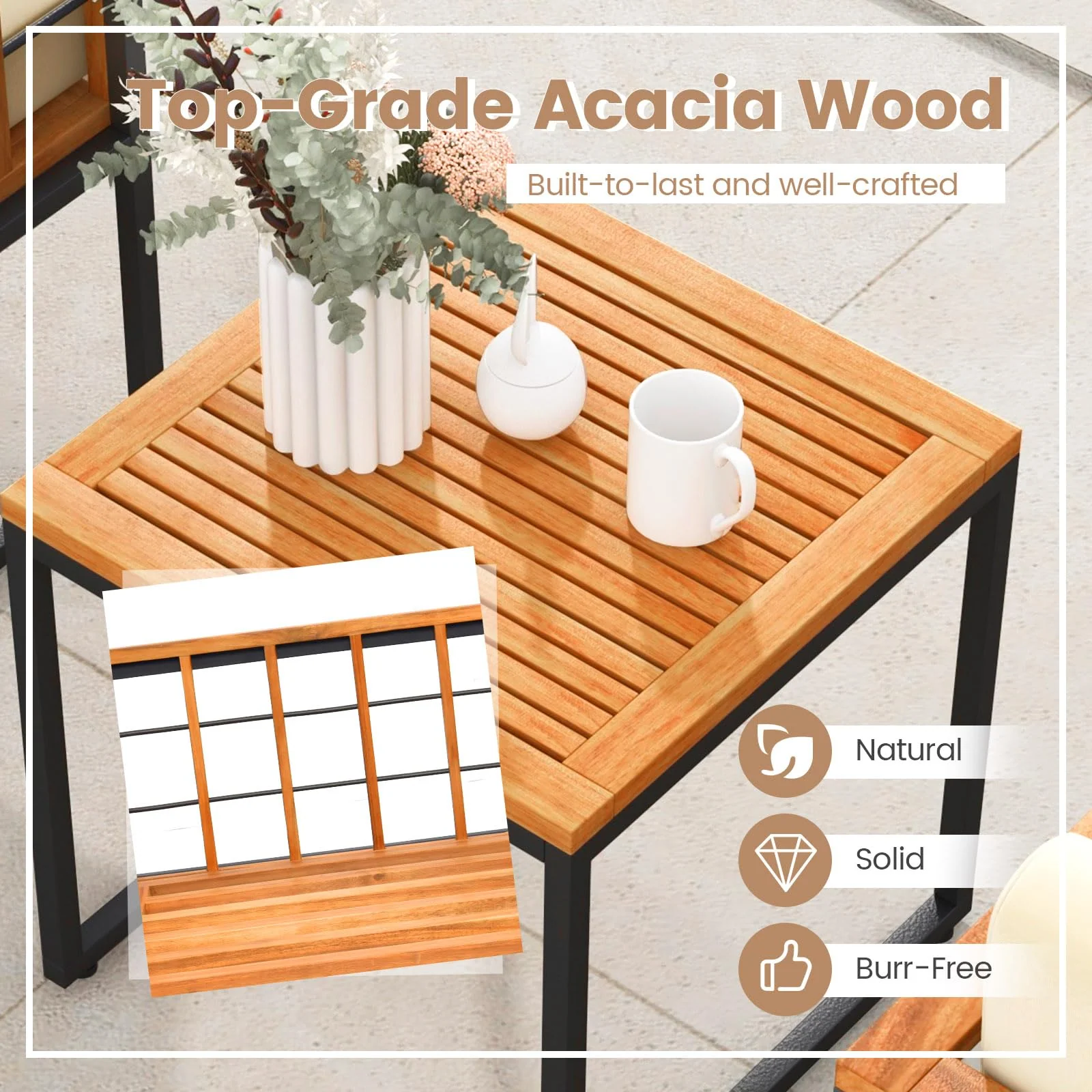 Tangkula 3 Pieces Patio Chair Set, Acacia Wood Outdoor Sofa Set with Metal Support - Image 7