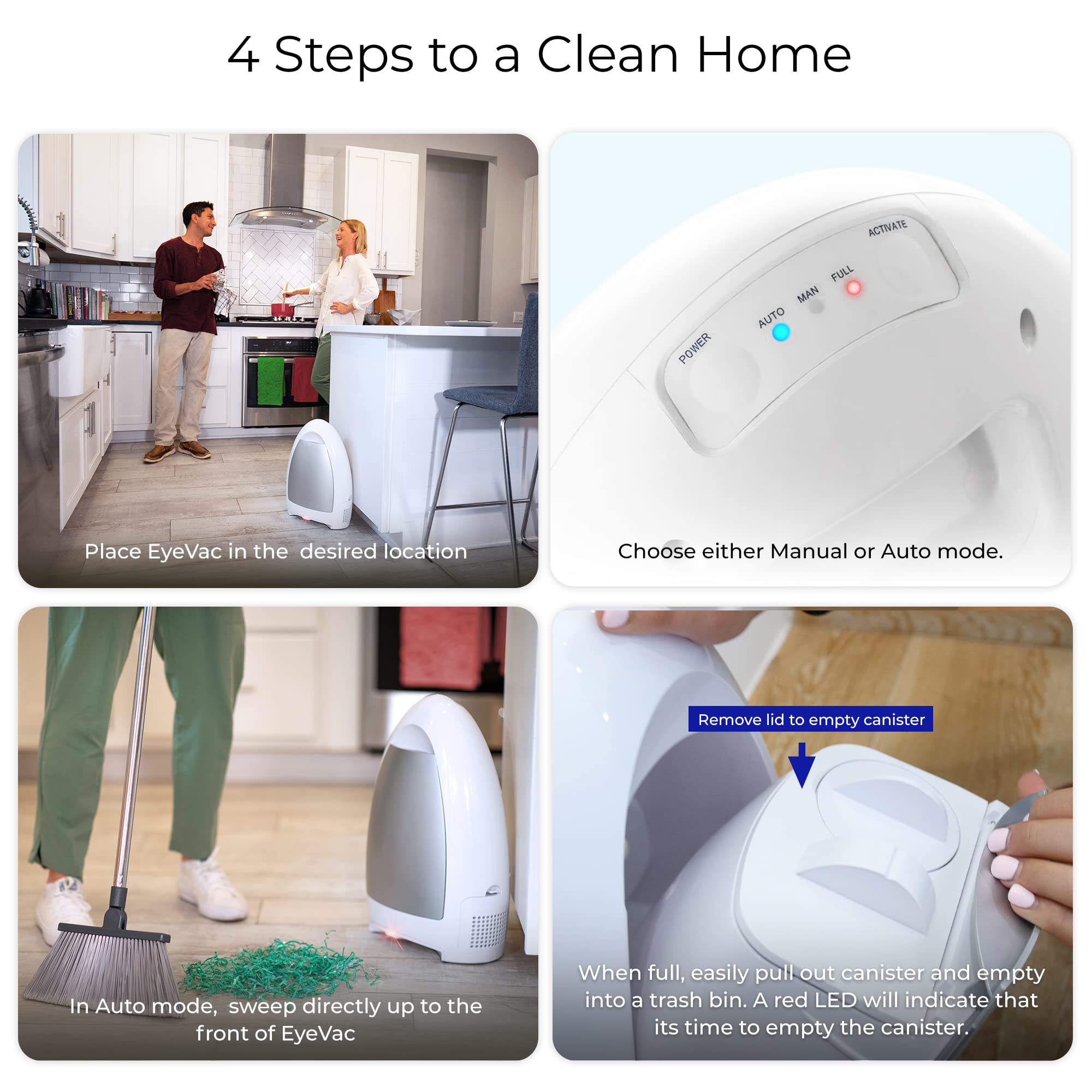 EyeVac Home Touchless Vacuum Automatic Dustpan - Great for Sweeping Pet Hair Food Dirt Kitchen - Ultra Fast & Powerful, No More Bending Down, Bagless, Corded, Automatic Sensors, 1000 Watt (White) - Image 4