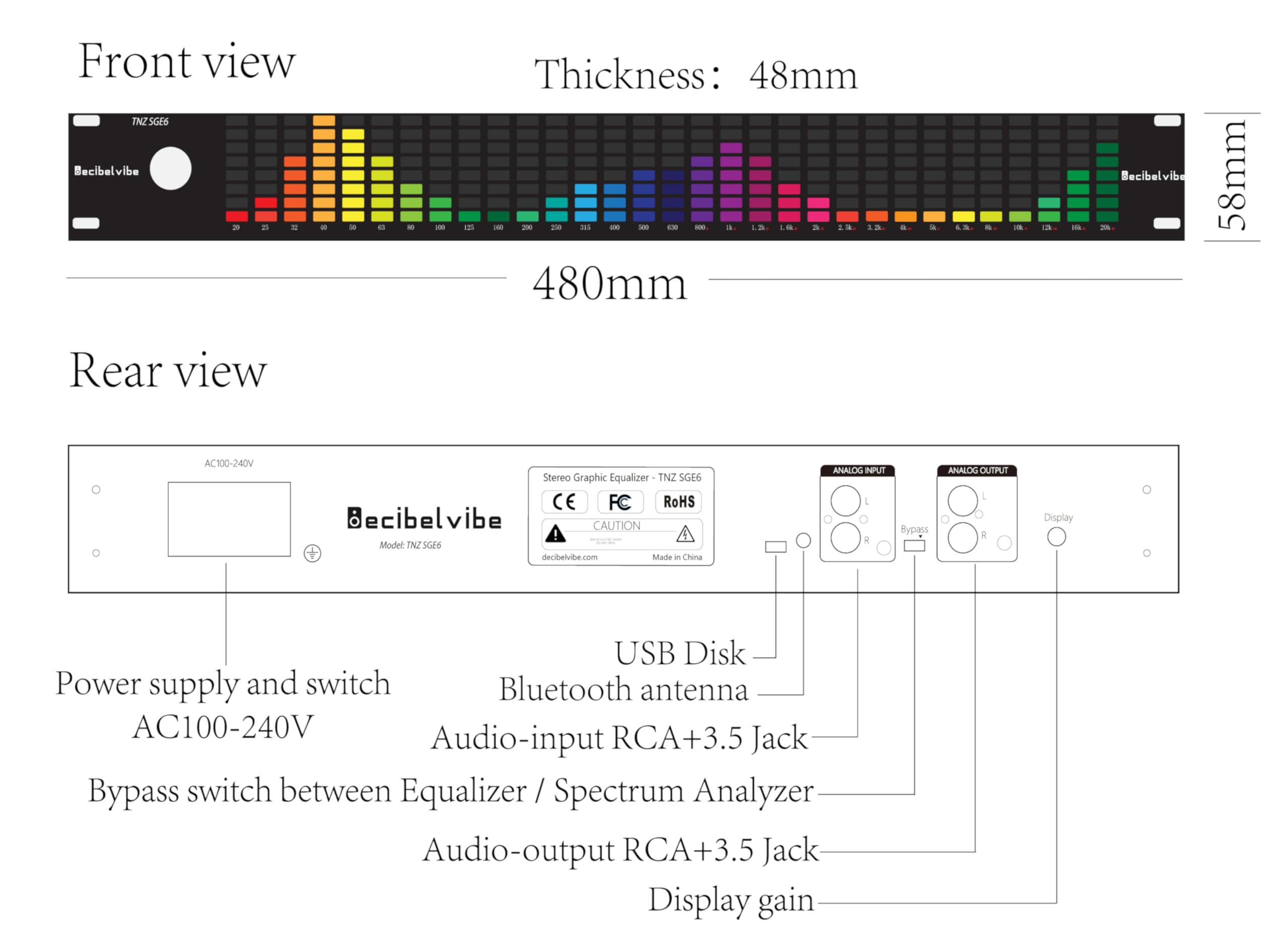 Decibelvibe TNZ SGE6 - Audio Graphic Equalizer with Rear RCA/3.5 Auxiliary Input and Output, Built-in Microphone, USB and Bluetooth Input, Preamp for Home Audio, DJ, HiFi Audio Setup (Gold) - Image 2