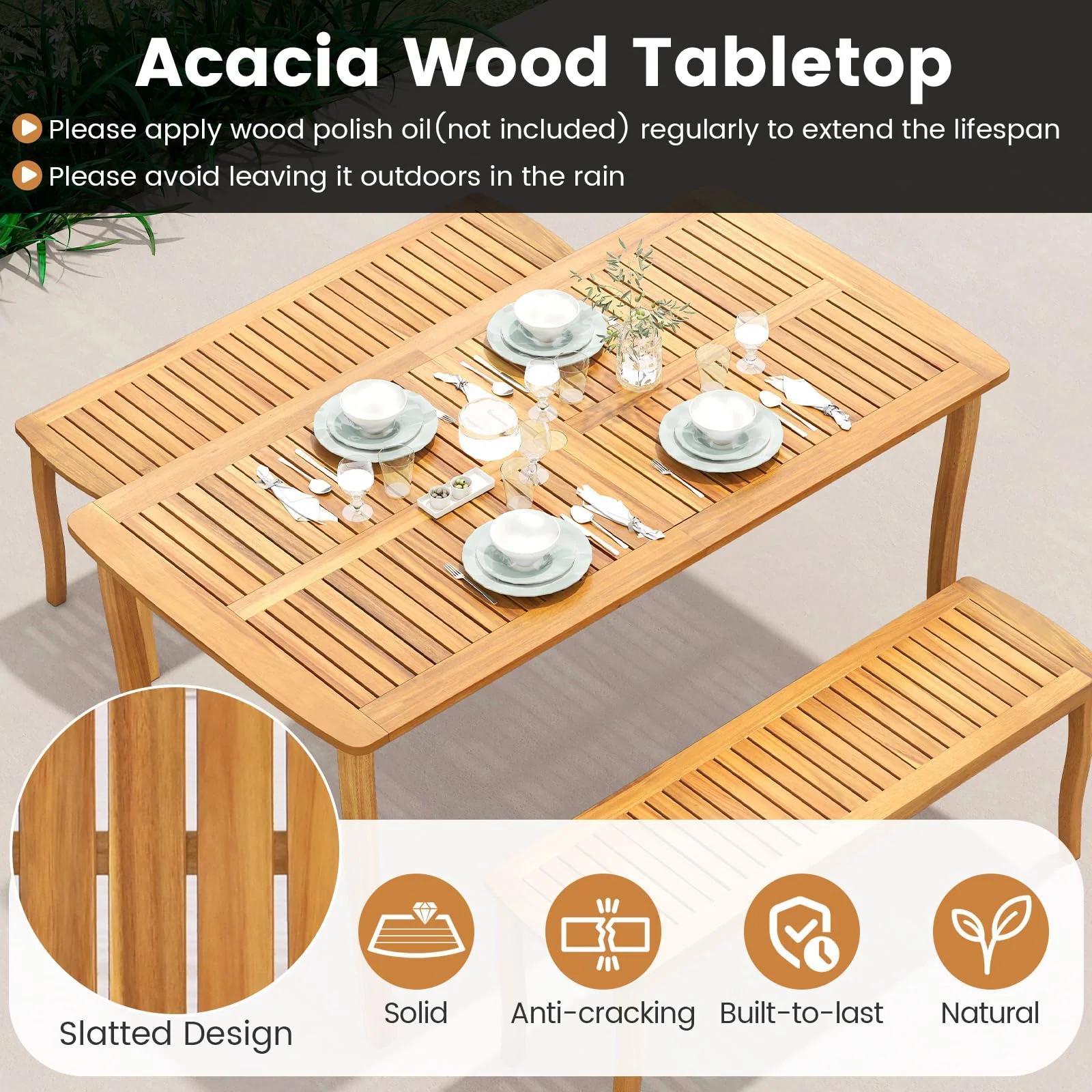 Tangkula 6 Pieces Acacia Wood Patio Dining Set with Bench - Image 6