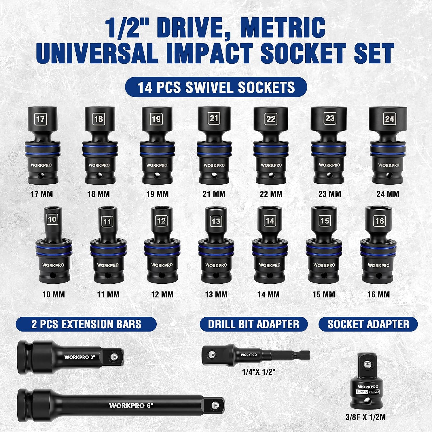 WORKPRO 18-Piece 1/2" Dr. Universal Impact Socket Set, Metric - Image 3