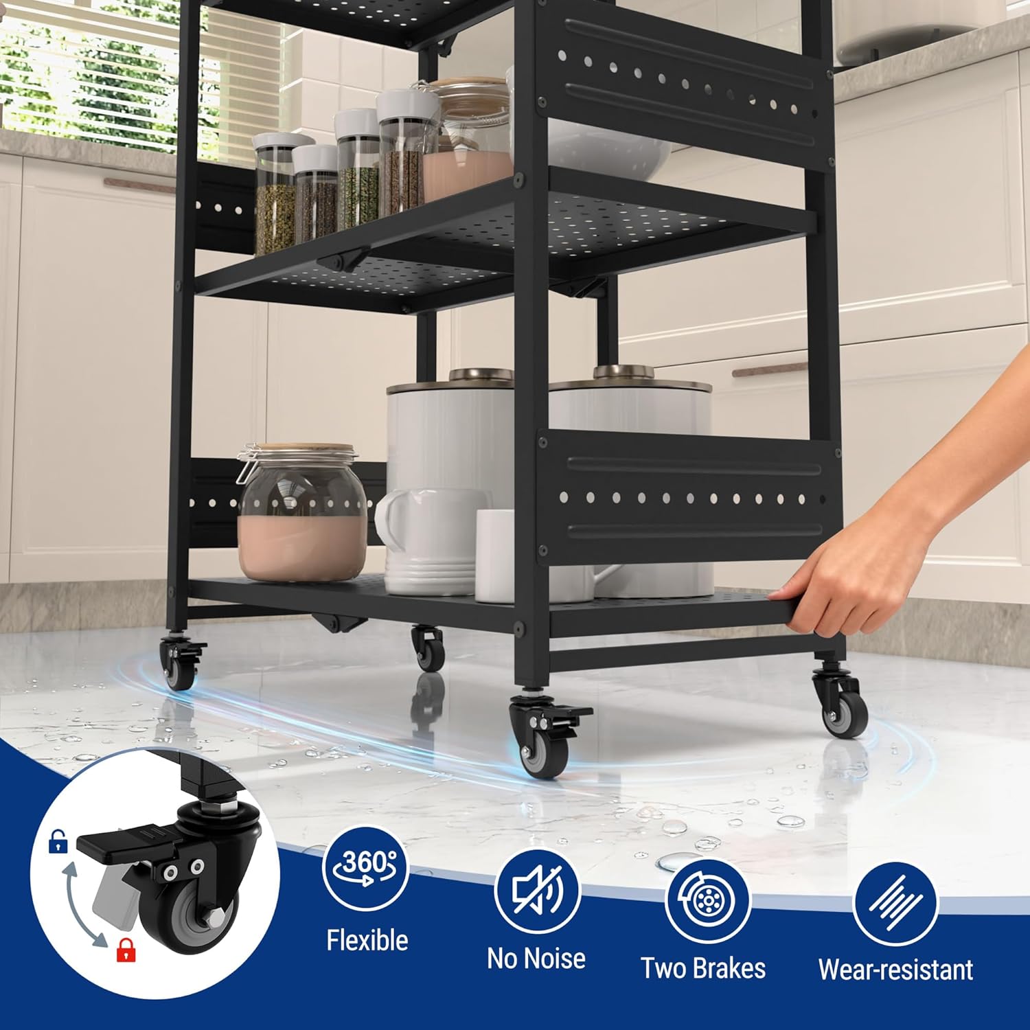 WORKPRO 5-Tier Folding Shelf, No-Assembly Metal Storage Rack with Wheels, 750 lbs Capacity (with Leveling Feet), Collapsible Shelving Unit for Kitchen, Pantry, Bathroom & Closet Organization - Image 6