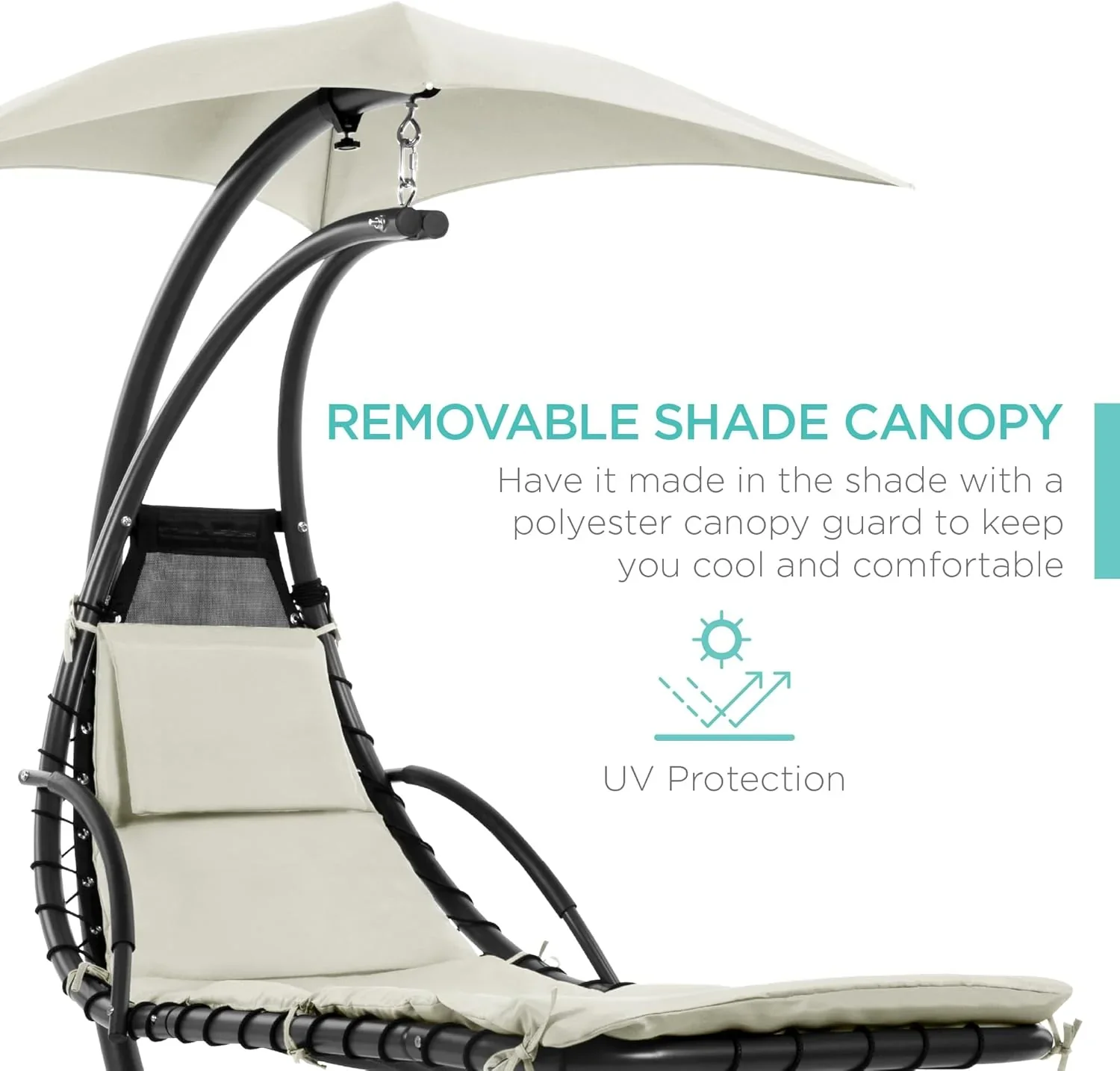 Best Choice Products Outdoor Hanging Curved Steel Chaise Lounge Chair Swing w/Built-in Pillow and Removable Canopy - Charcoal Gray - Image 124