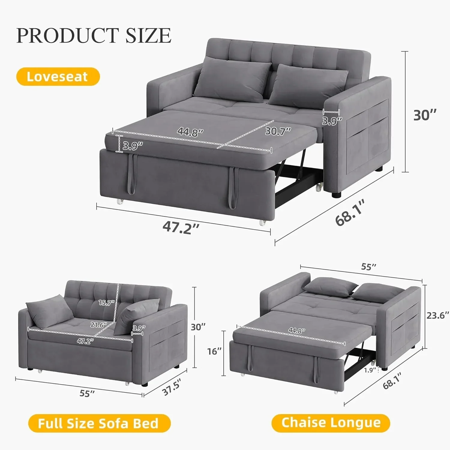 DWVO 3-in-1 Convertible Sofa Bed, 55" Sleeper Sofa with Pull-Out Bed, Cat-Scratch-Proof Fabric Futon Couch with Adjustable Backrest and Side Pocket, Loveseat for Living Room Apartment, Grey - Image 26