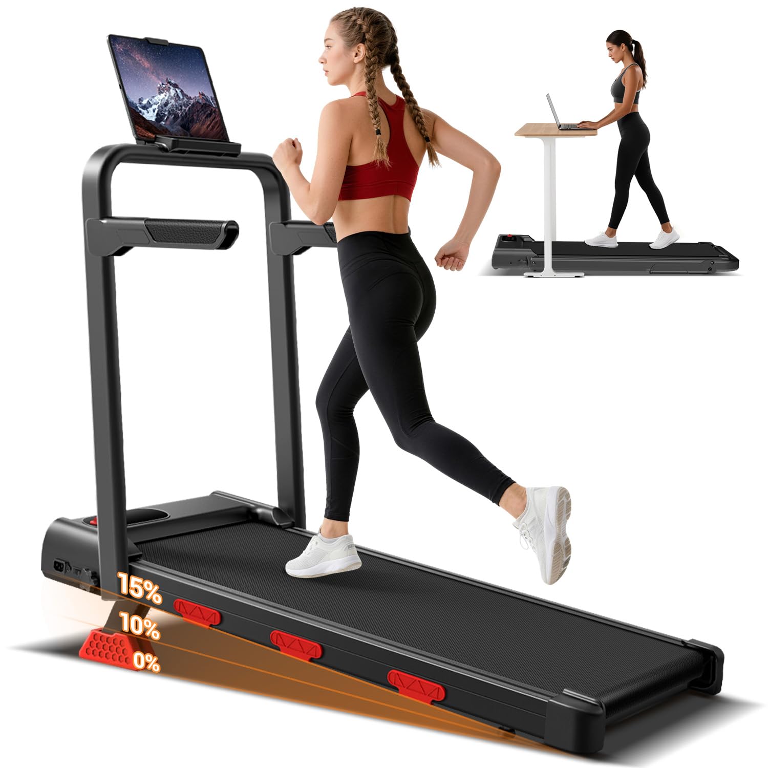 LONTEK 15% Incline Walking Pad Treadmill with Handles, Treadmills for Home Non-slip Handrail, Foldable, Portable, 3.0HP Quiet Brushless, LED Display, Remote Control, 350 LBS Capacity