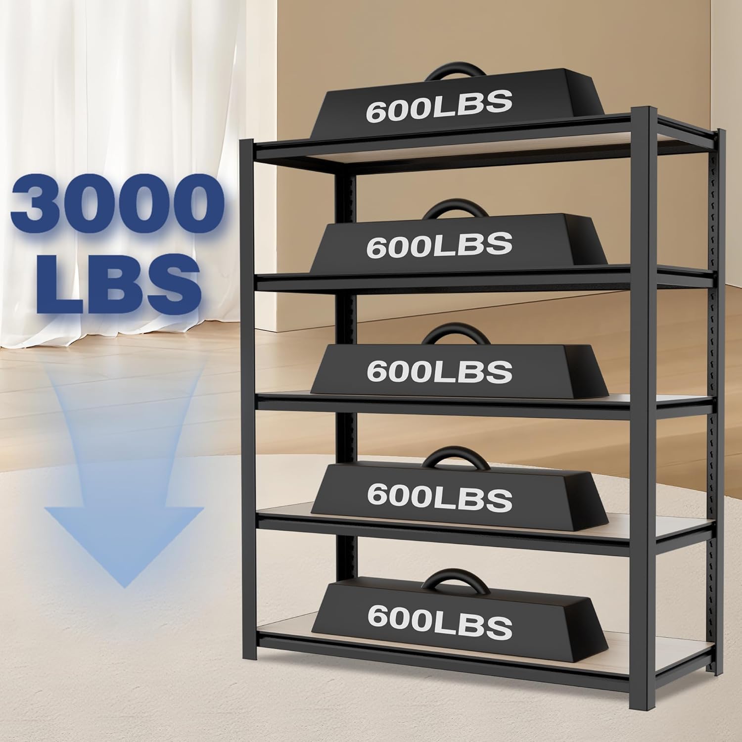 WORKPRO 5-Tier Black Shelving with Board, 48"W x 24"D x 72"H, 3000LBS Load | Adjustable, Heavy Duty, 3000lbs, Boltless Shelving for Kitchen, Living Room, Garage - Image 5