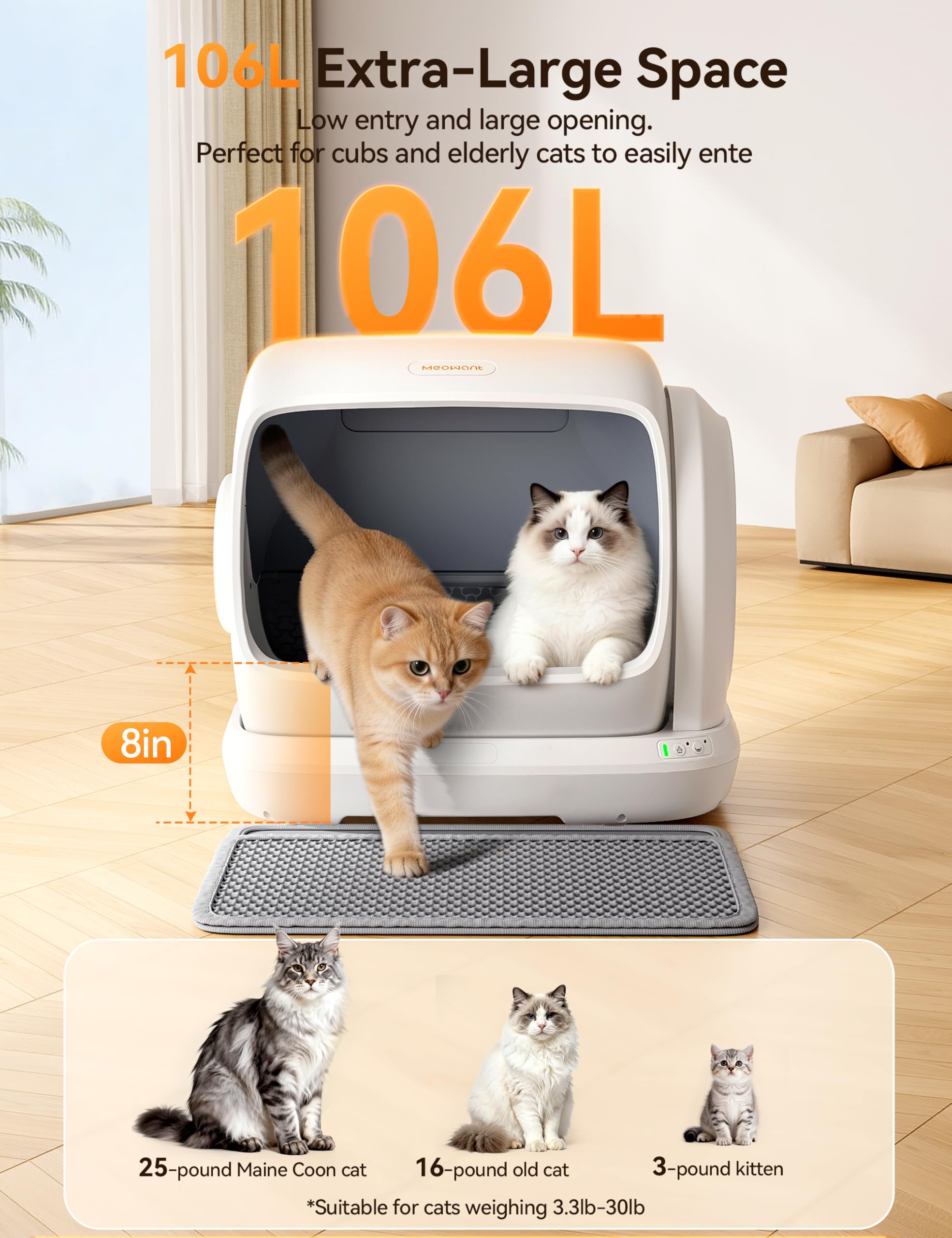 Meowant Self-Cleaning Cat Litter Box, 106L Large Capacity for Multiple Cats Anti-Pinch Automatic Cat Litter Box,Low Entrance,Safety Sensor Protection,APP Control,Health Monitor,Odor Free,Ultra Quiet - Image 2