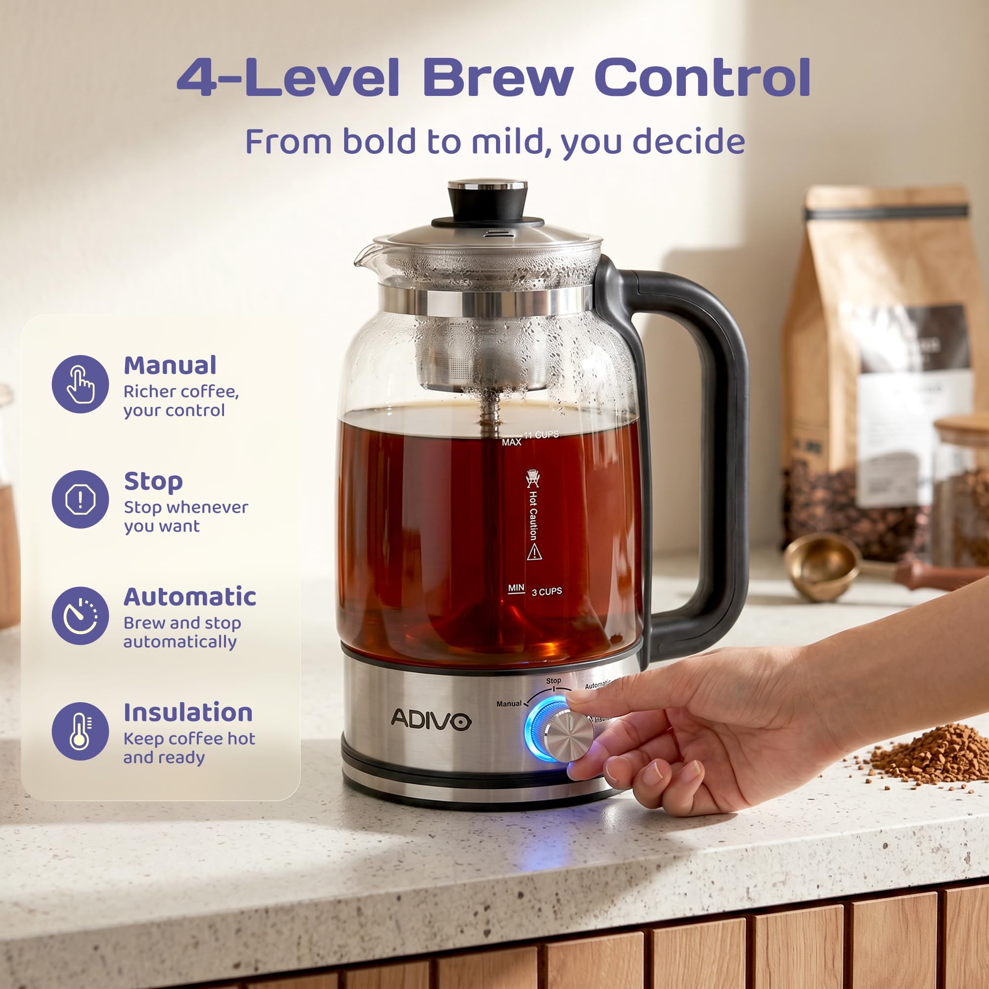 ADIVO Electric Coffee Percolator, Glass Coffee Pot, Plastic-Free Design Rich Percolator Coffee, 11-Cup Capacity, Plastic-Free Brewing, Visible Brewing, 700W Heating, Keep Warm, Reusable Filter - Image 2