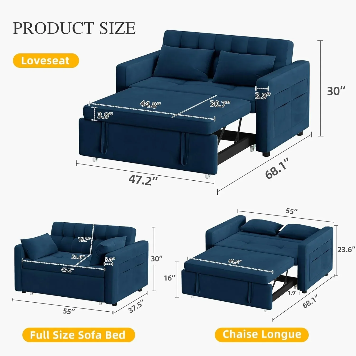 DWVO 3-in-1 Convertible Sofa Bed, 55" Sleeper Sofa with Pull-Out Bed, Cat-Scratch-Proof Fabric Futon Couch with Adjustable Backrest and Side Pocket, Loveseat for Living Room Apartment, Grey - Image 12