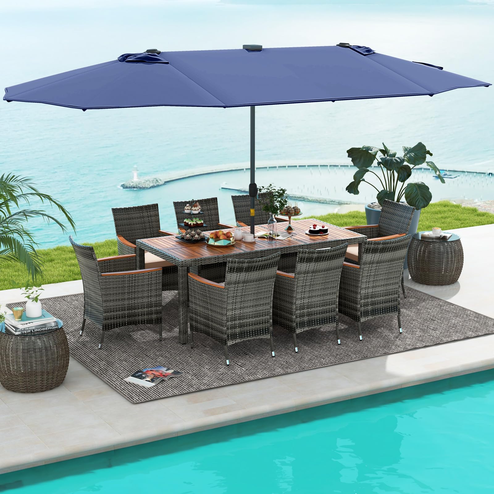Tangkula 11 Pieces Patio Dining Set with 15 ft Double-Sided Patio LED Umbrella (Base Included)