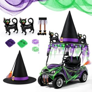 Tryly Halloween Golf Cart Decorations Kit, Witch Theme Halloween Car Decor Purple and Green Witch Theme with Striped Leg and Black Cats Balloon for Golf Cart Parades, Halloween and Party Car Displays Product gallery