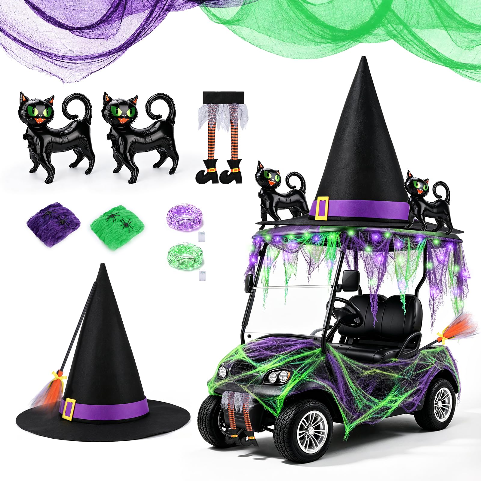 Tryly Halloween Golf Cart Decorations Kit, Witch Theme Halloween Car Decor Purple and Green Witch Theme with Striped Leg and Black Cats Balloon for Golf Cart Parades, Halloween and Party Car Displays Product gallery