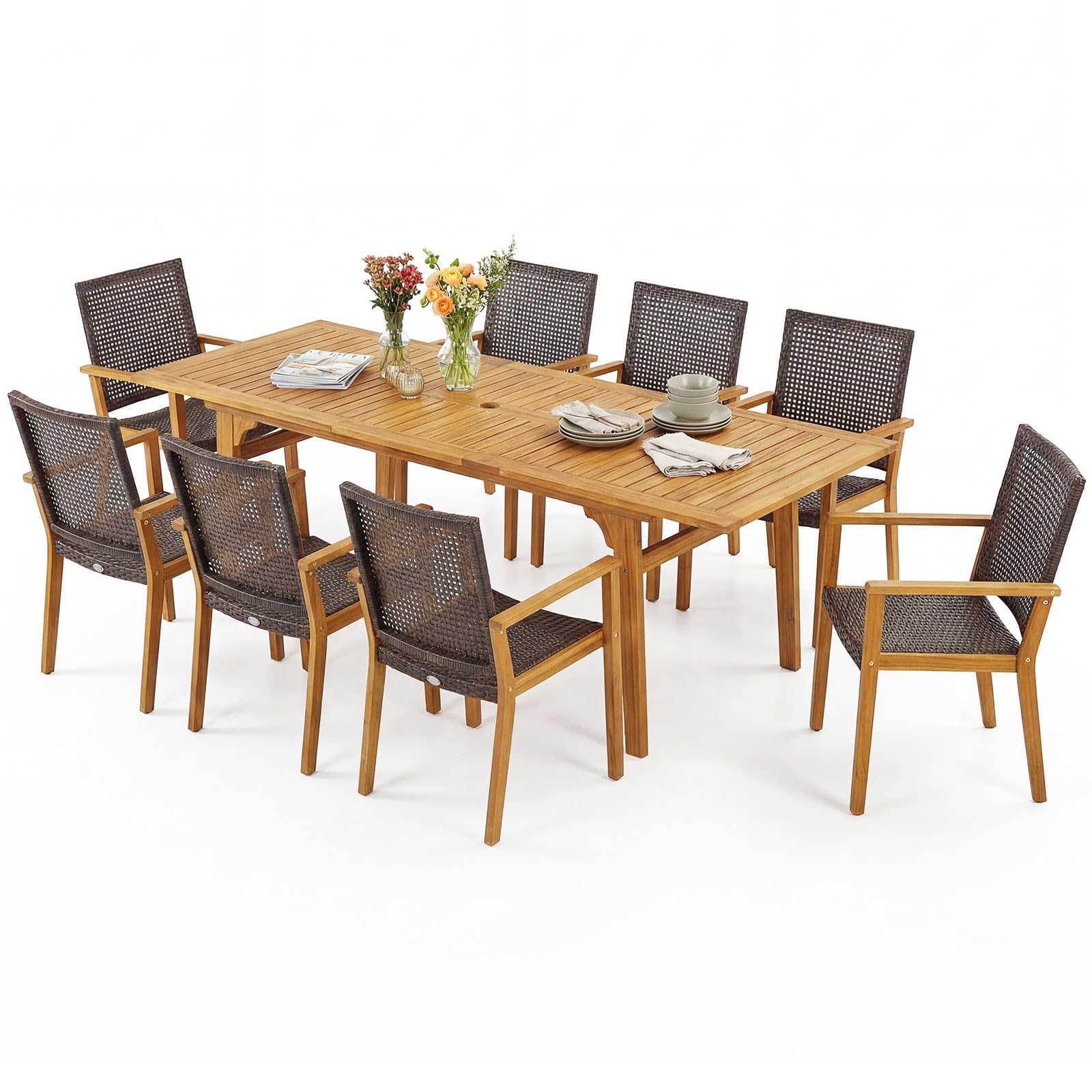 Tangkula 9 Pieces Patio Table and Chairs Set with Acacia Wood Expandable Table and 8 PE Rattan Armchairs - Image 9