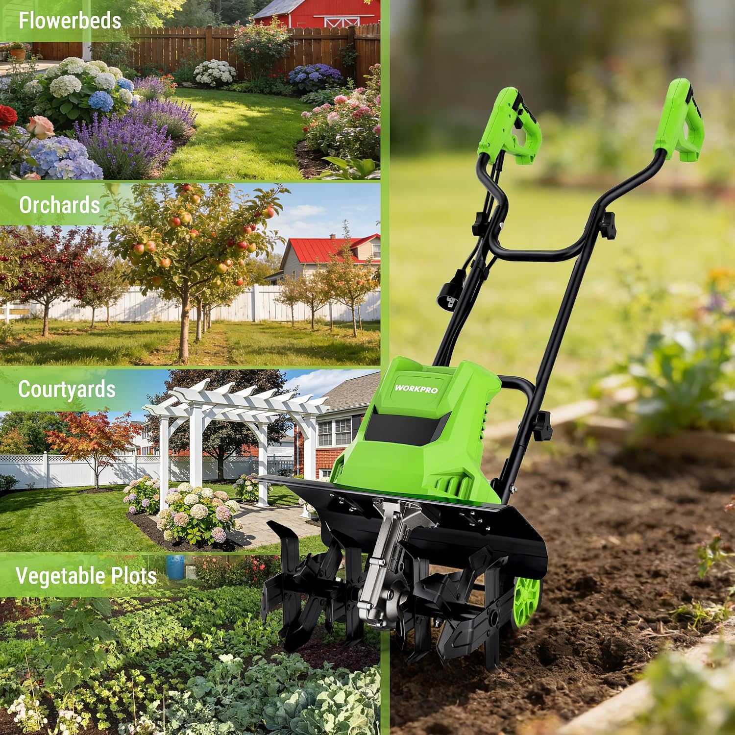 WORKPRO Corded Electric Garden Tiller & Cultivator, 16" Tilling Width & 8.7" Depth, 12.5A Corded Rototiller, 6 Steel Tines, 4-Position Adjustable Wheels, for Garden, Lawn & Flower Beds - Image 9