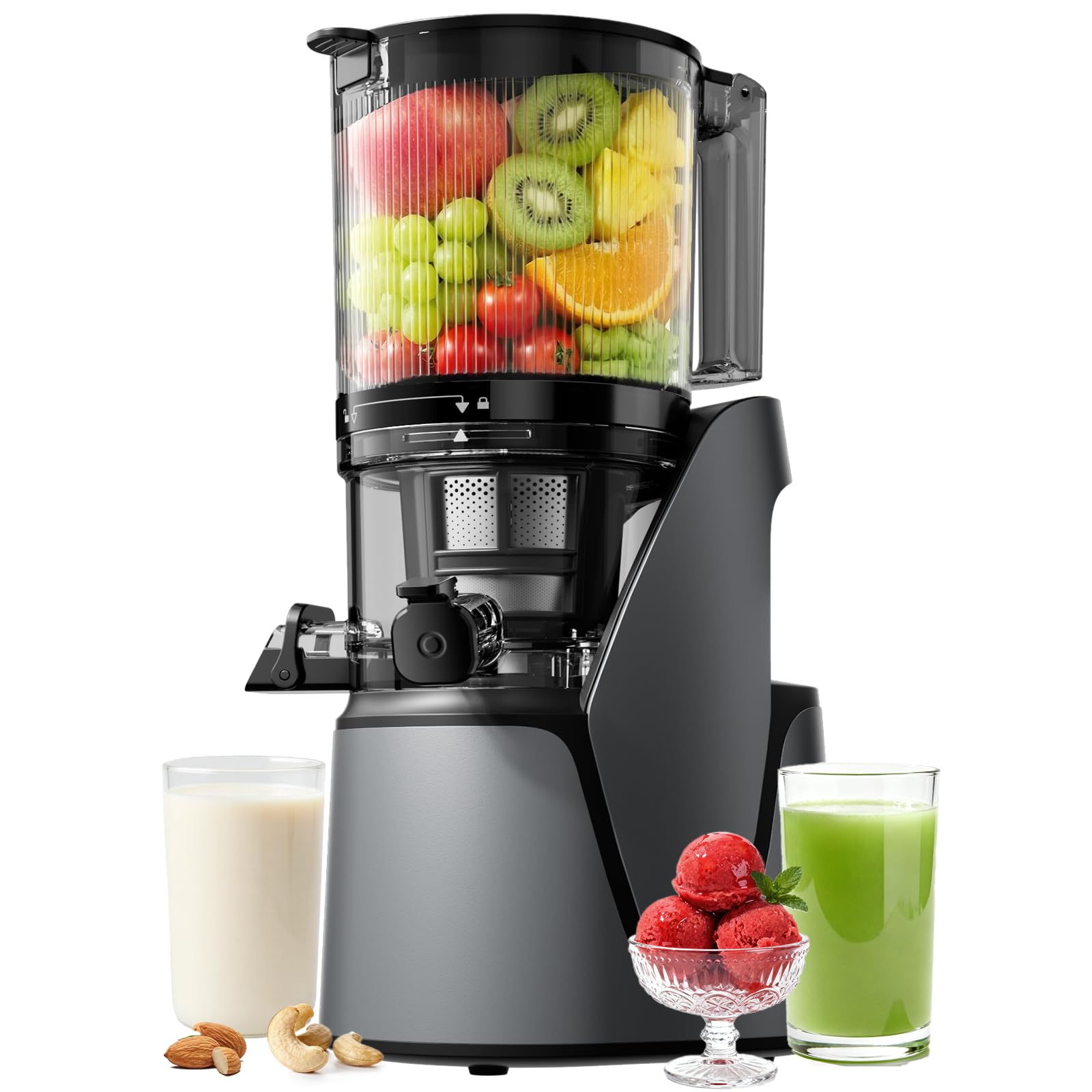 EanOruus Juicer Machines, 3-in-1 Cold Press Juicer, Premium Gray Makes Juice, Nut Milk & Sorbet, 6.5" Extra Large Chute, 100oz Large Capacity, AC Motor