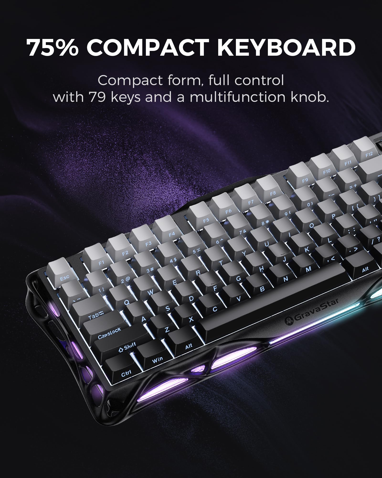 GravaStar Mercury K1 75% Wireless Mechanical Gaming Keyboard RGB Backlit Gasket Mount, Hot Swappable Linear Switches, Creamy Sound Keyboard, 2.4GHz/USB-C/Bluetooth 5.0, for Win/Mac【Gradient Black】 - Image 4