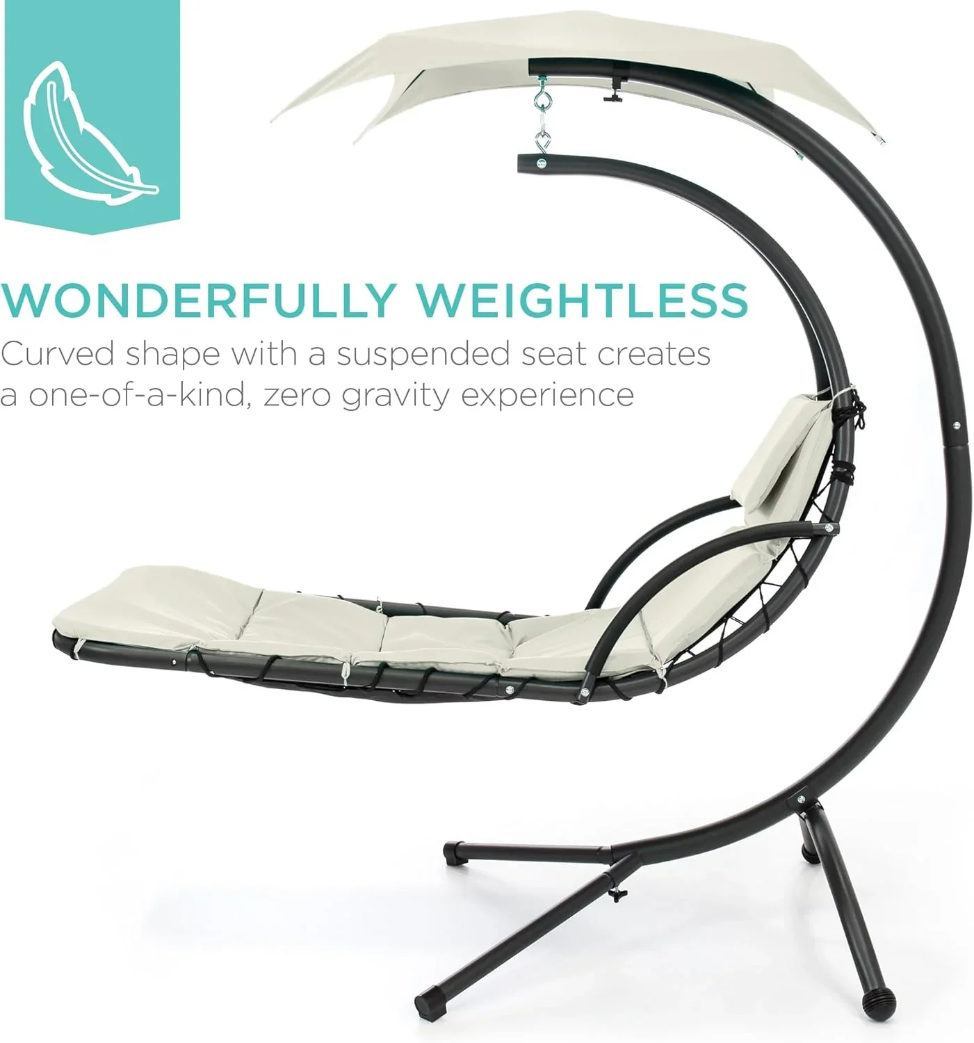 Best Choice Products Outdoor Hanging Curved Steel Chaise Lounge Chair Swing w/Built-in Pillow and Removable Canopy - Charcoal Gray - Image 123