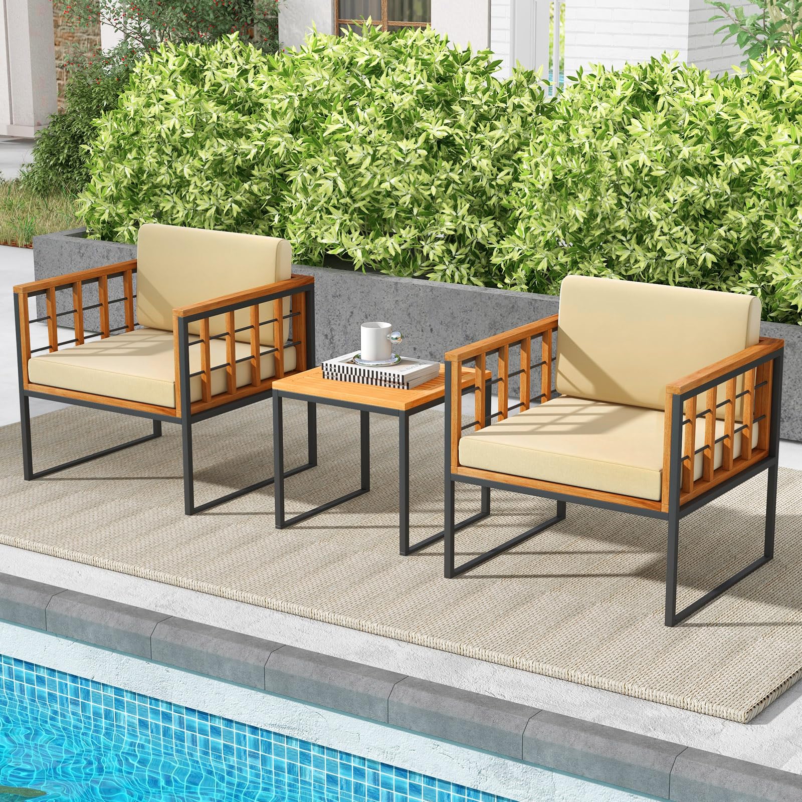 Tangkula 3 Pieces Patio Chair Set, Acacia Wood Outdoor Sofa Set with Metal Support - Image 3