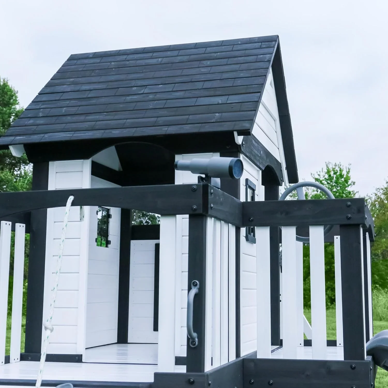 Canyon Creek Cedar Wood Swing Set with Wave Slide, Clubhouse, Play Kitchen, Picnic Area, Belt Swings, Web Swing, Rock Wall, Balconies, Playhouse, Step Ladder, Outdoor Playset - Image 14