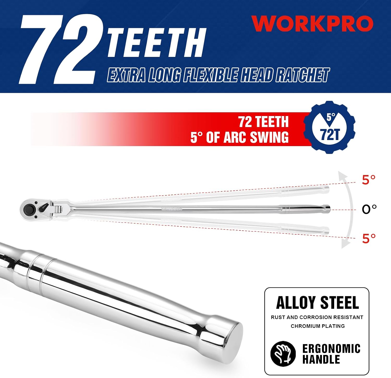 WORKPRO 1/2 inch Drive Extra Long Flex Head Ratchet, 24 Inch Long CR-V Steel Ratchet Handle with Chromium Plating, CR-MO Head, Quick Release Reversible Design, 72-Tooth - Image 5