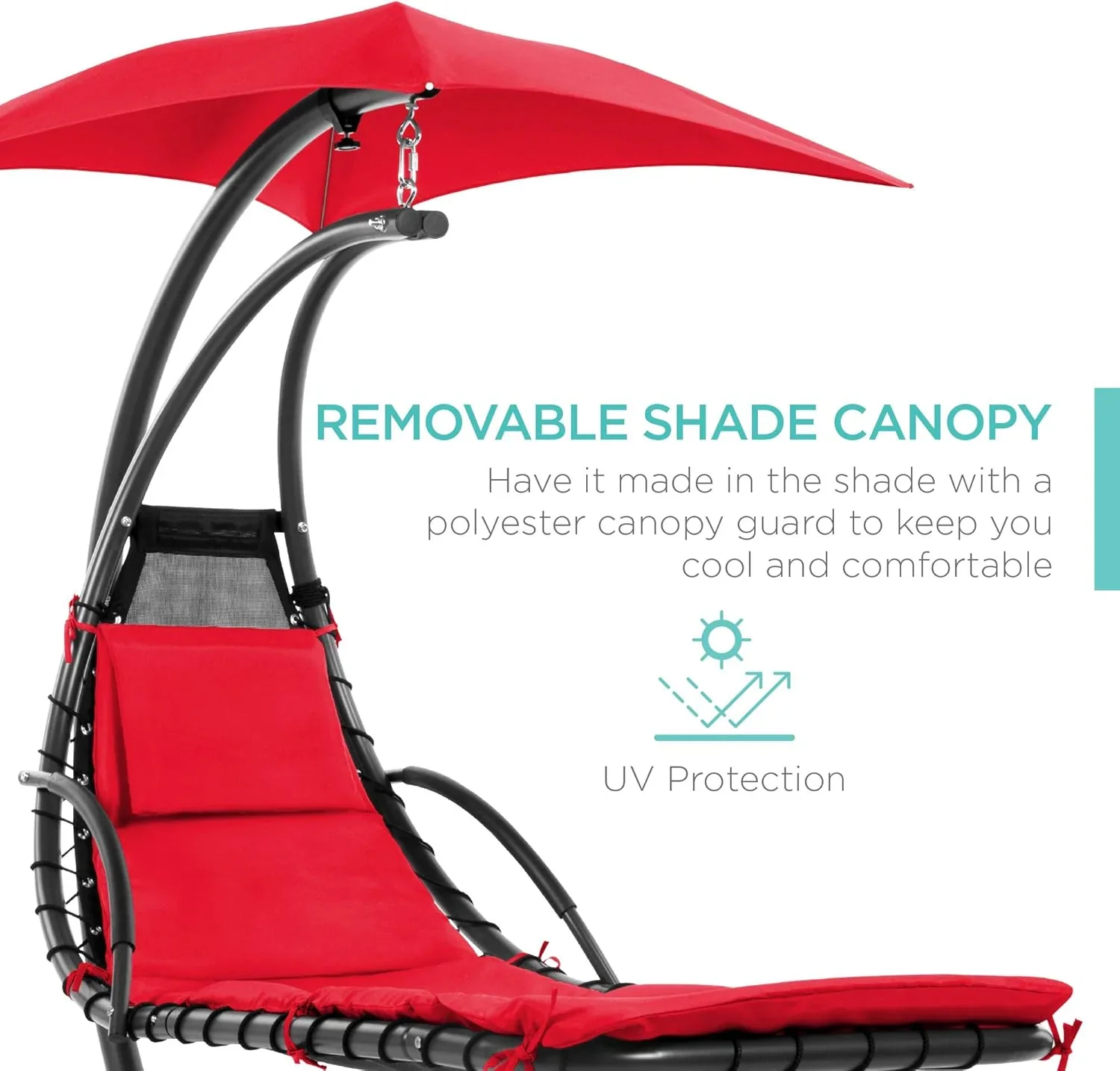 Best Choice Products Outdoor Hanging Curved Steel Chaise Lounge Chair Swing w/Built-in Pillow and Removable Canopy - Charcoal Gray - Image 91