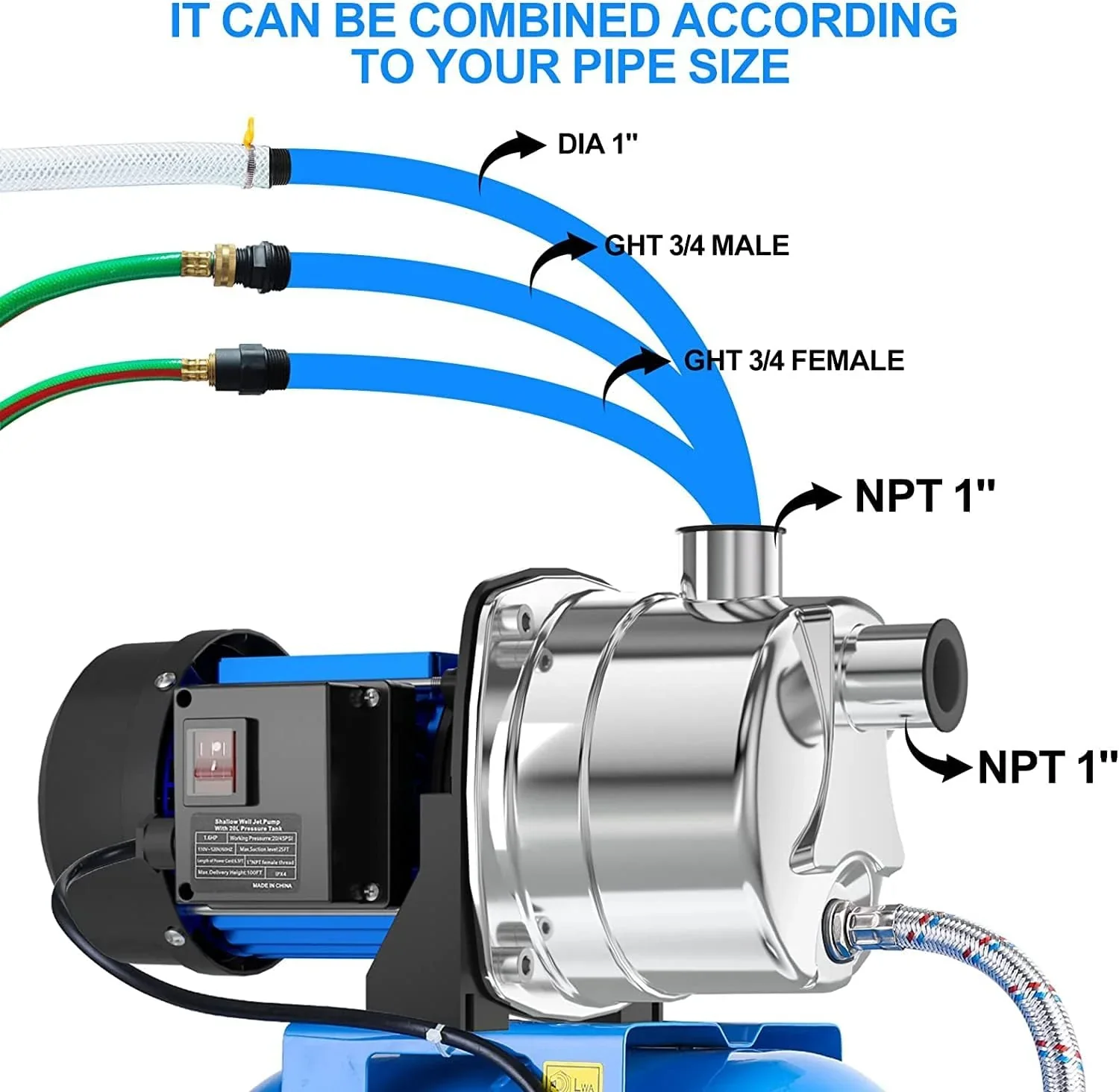 1.6HP Shallow Well Pump with Pressure Tank 1268 GPH Stainless Steel Jet Pump Transfer Drainage Booster Pump Garden Sprinkler System Water Pump for Home Garden Lawn Irrigation - Image 3