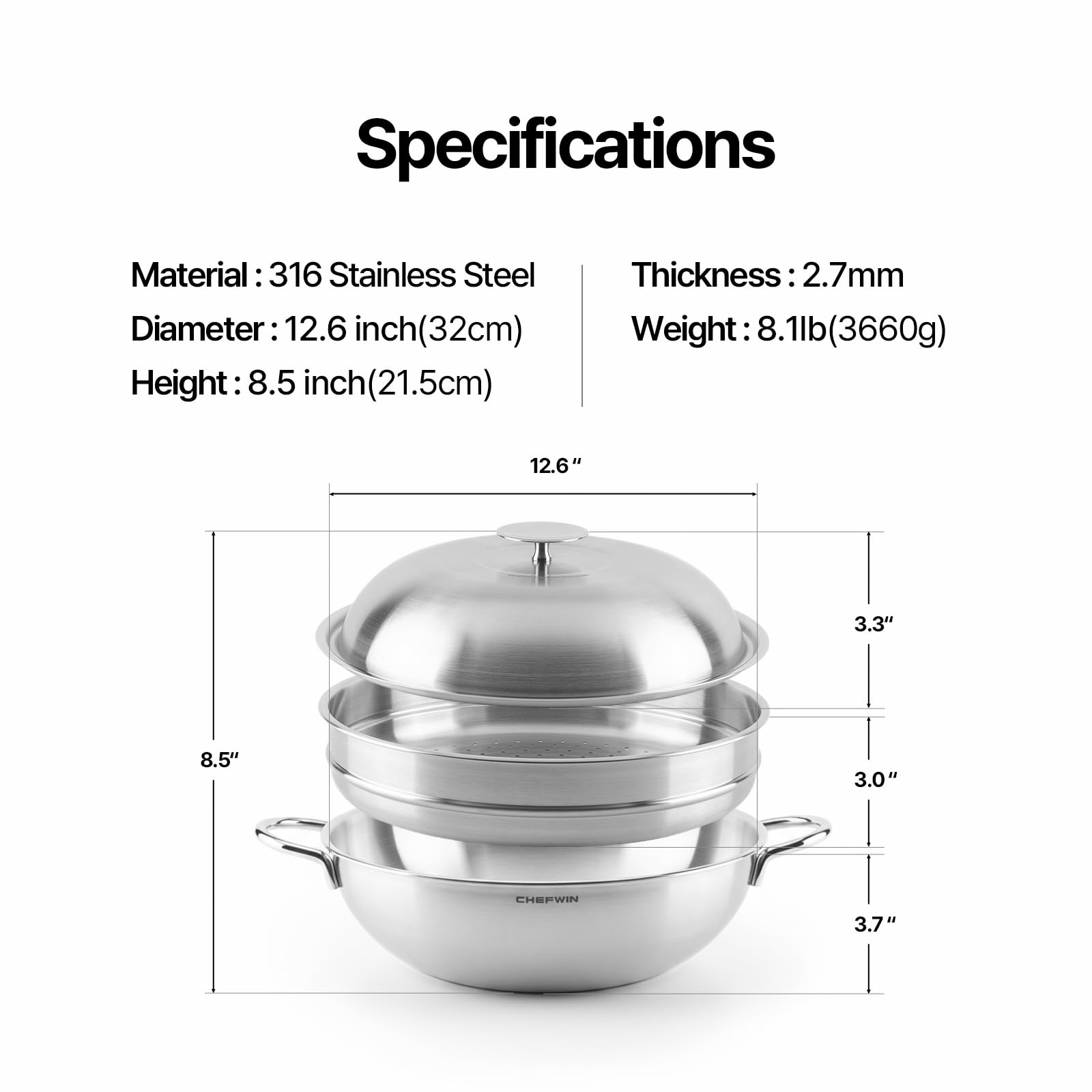 316 Stainless Steel Heavy Duty 12.6 inch 6.3 Quart Wok pan with Lid and Steamer, Stir Fry Pan, 5Ply, Induction Cookware, Dishwasher Safe, Oven Safe - Image 3