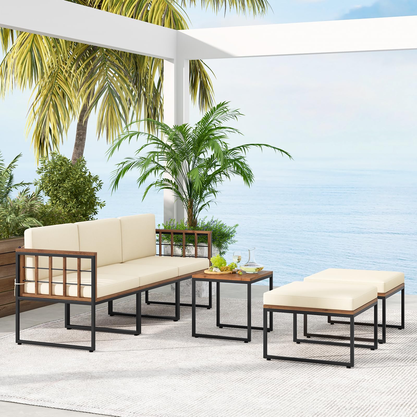 Tangkula 6 Pieces Acacia Wood Patio Furniture Set, Patiojoy Outdoor Sectional Conversation Sofa Set with Cushions - Image 4