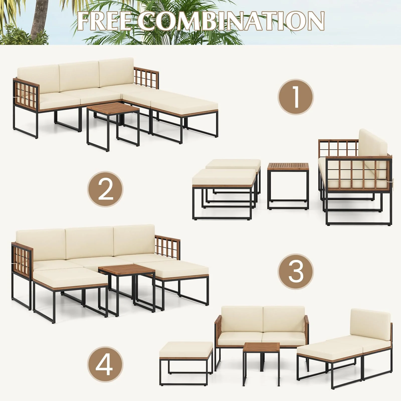 Tangkula 6 Pieces Acacia Wood Patio Furniture Set, Patiojoy Outdoor Sectional Conversation Sofa Set with Cushions - Image 7